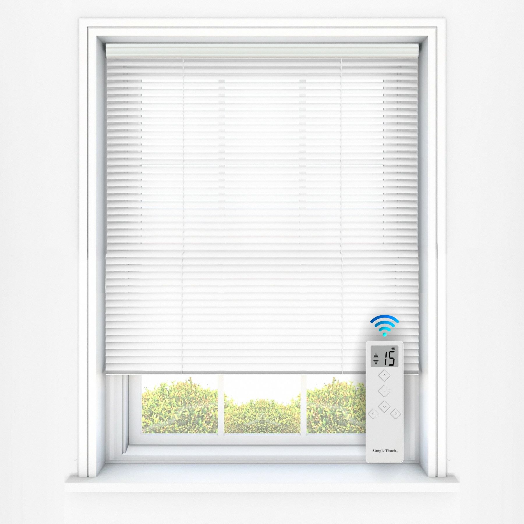 Motorized Remote Mini Blind: White, 30 1/2 in Wd, 36 in Ht, 2 in Dp, Aluminum, PVC