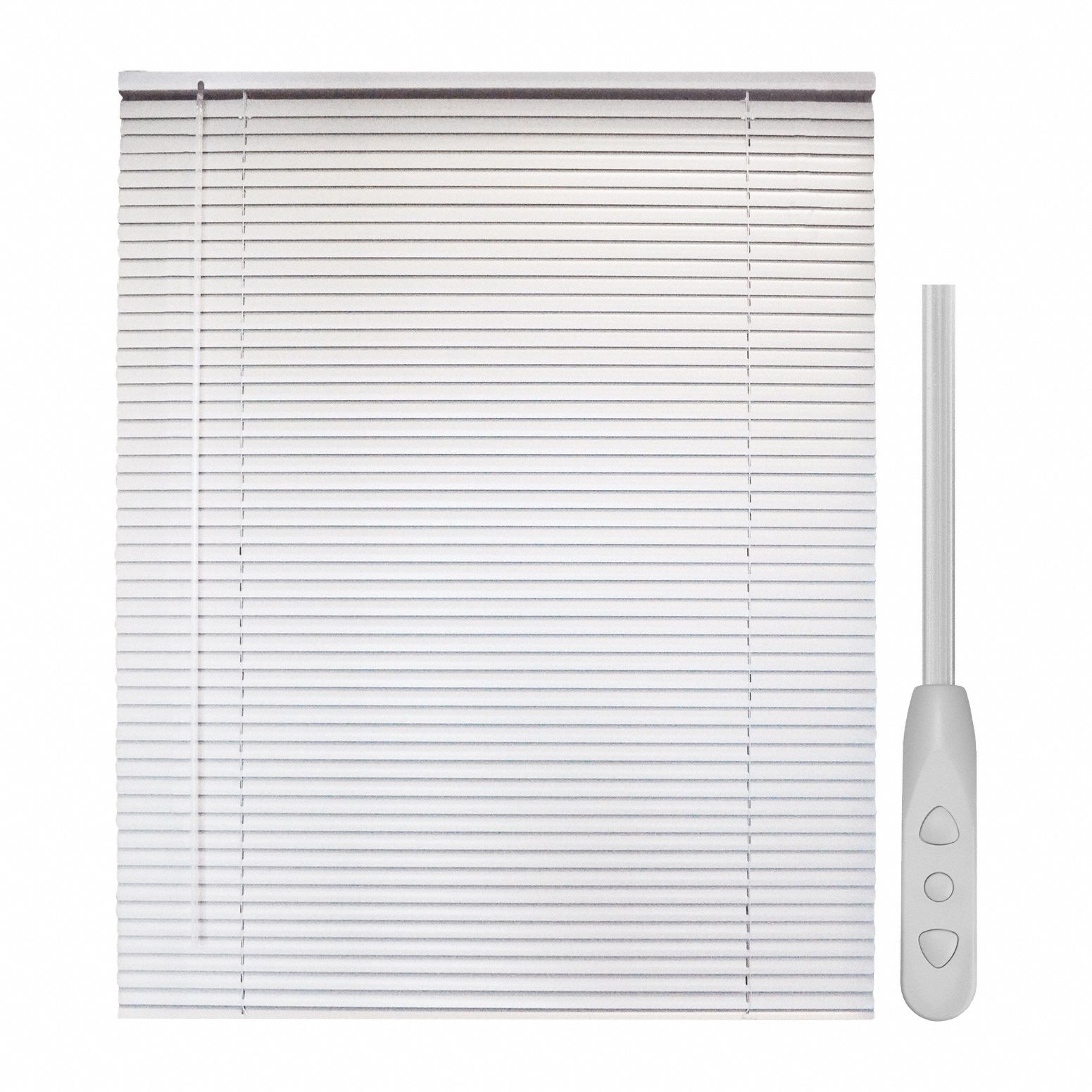 Motorized Wand Aluminum Mini Blind: White, 30 1/2 in Wd, 36 in Ht, 2 in Dp, Right