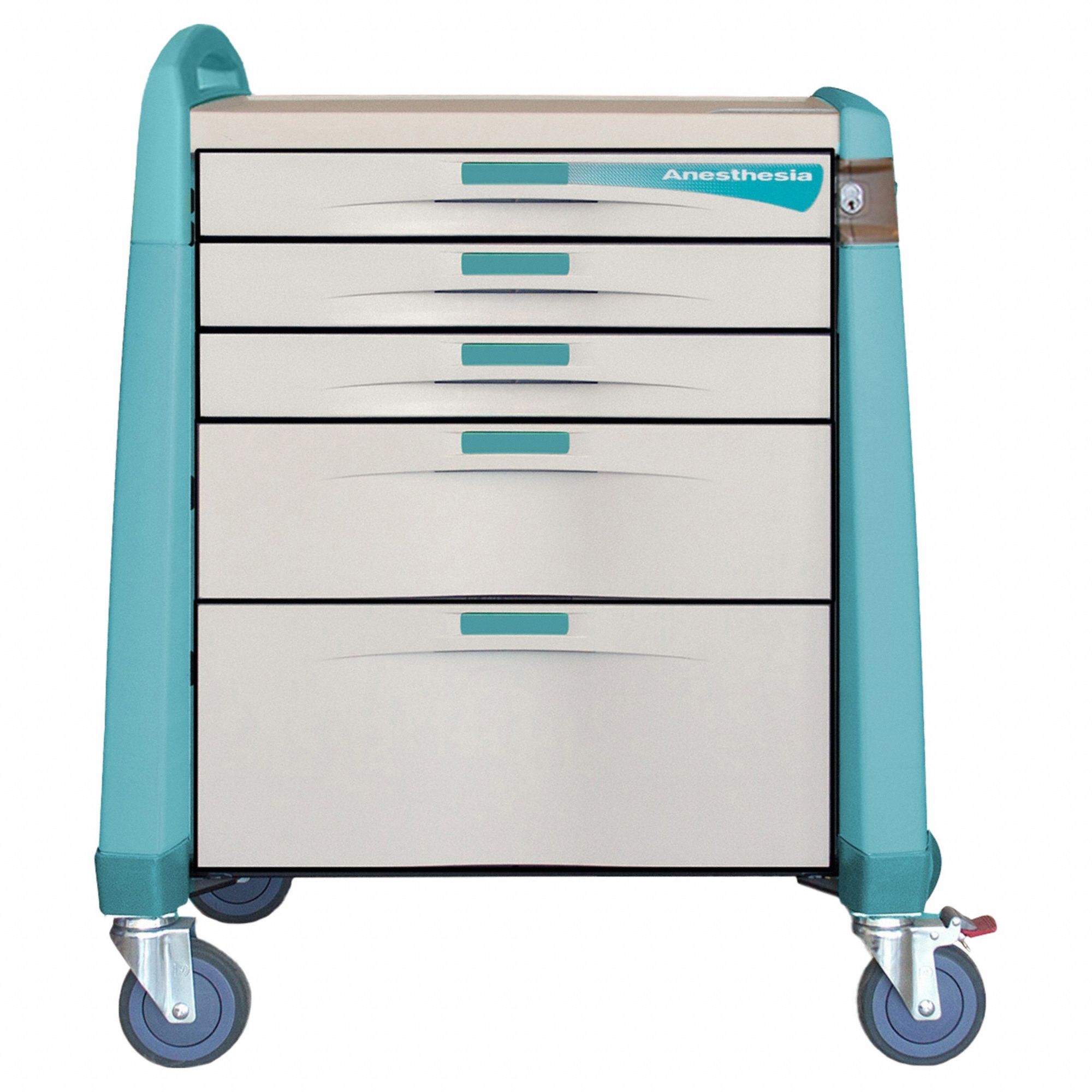 Anesthesia Cart: Polymer, (1) Swivel with Brake/(3) Swivel, Green, 5 Drawers