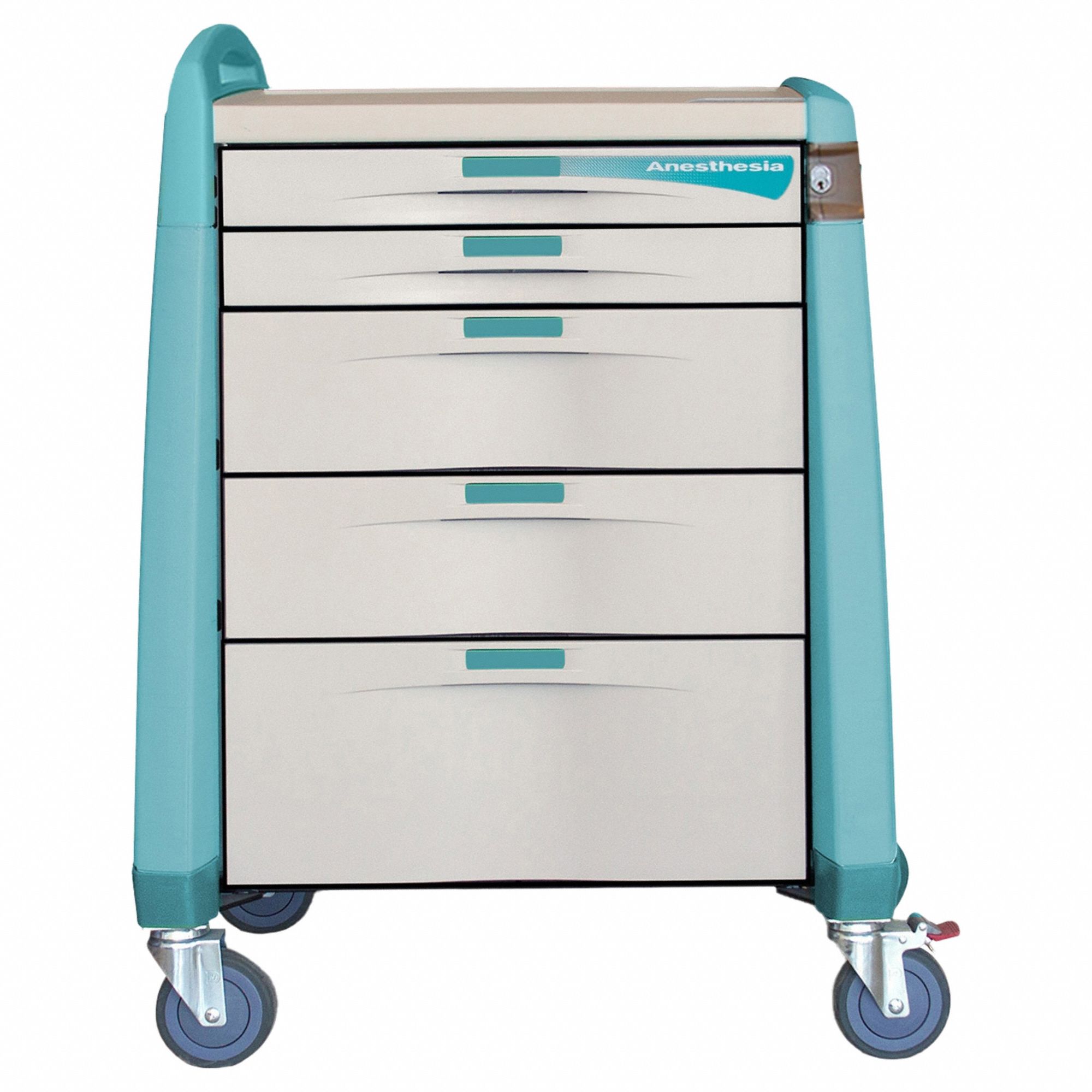 Anesthesia Cart: Polymer, (1) Swivel with Brake/(3) Swivel, Green, 5 Drawers