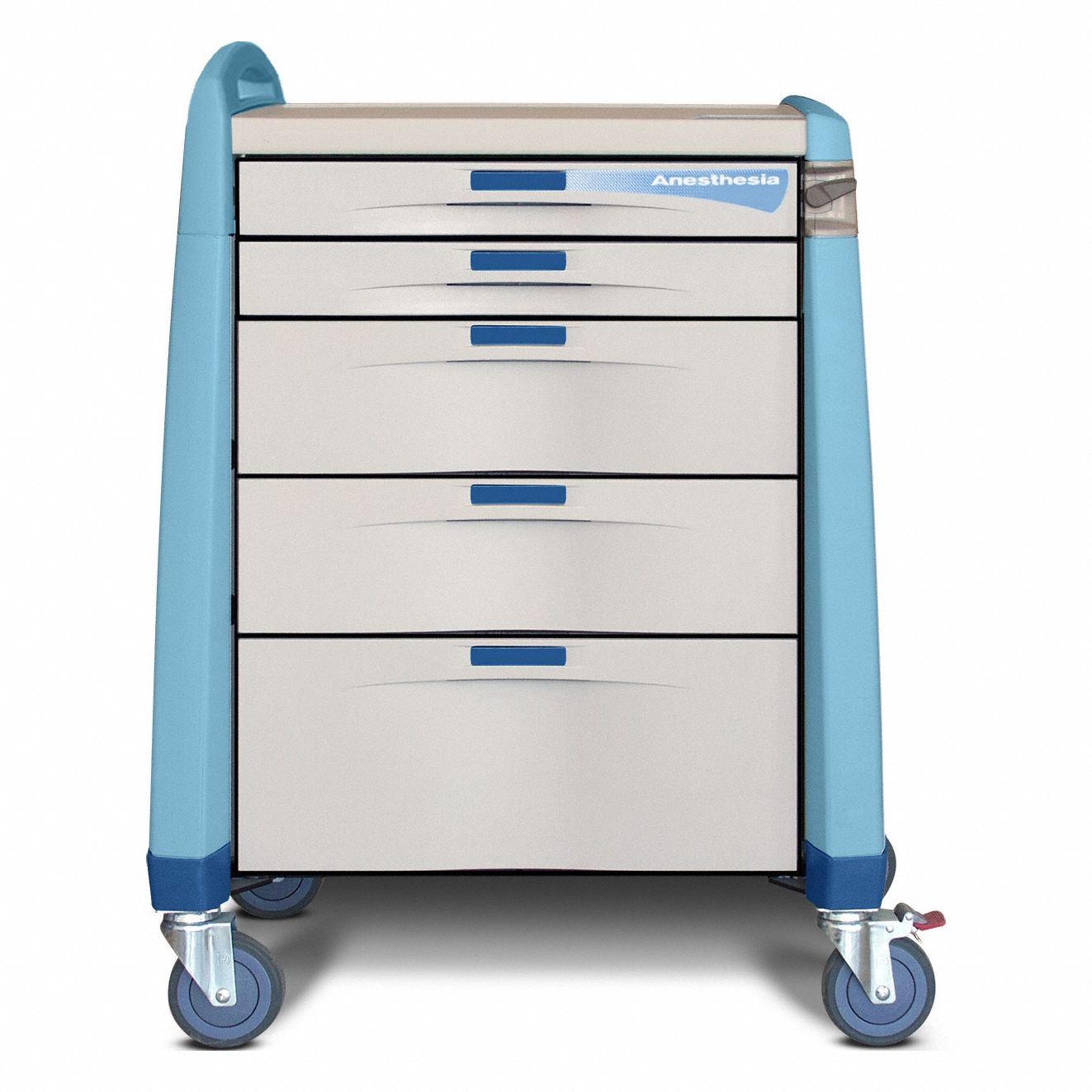 Anesthesia Cart: Polymer, (1) Swivel with Brake/(3) Swivel, Blue, 6 Drawers