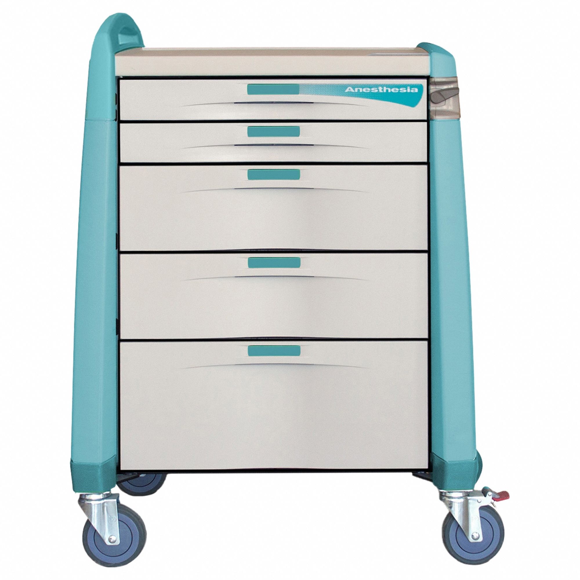 Anesthesia Cart: Polymer, (1) Swivel with Brake/(3) Swivel, Green, 5 Drawers