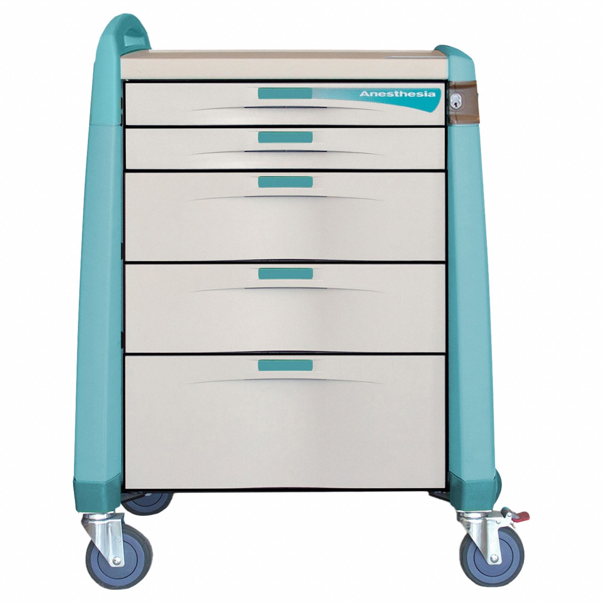 Anesthesia Cart: Polymer, (1) Swivel with Brake/(3) Swivel, Green, 5 Drawers