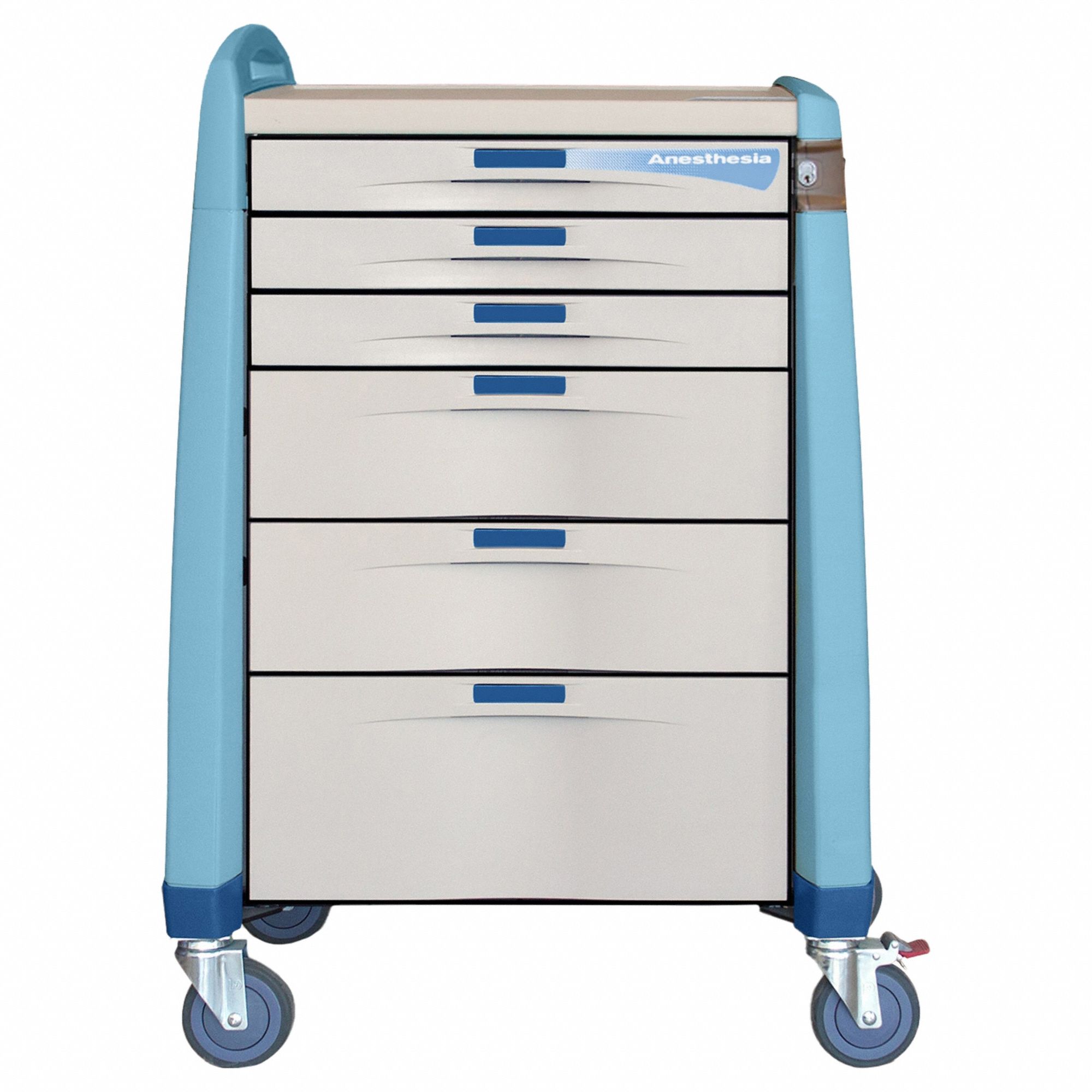 Anesthesia Cart: Polymer, (1) Swivel with Brake/(3) Swivel, Blue, 6 Drawers