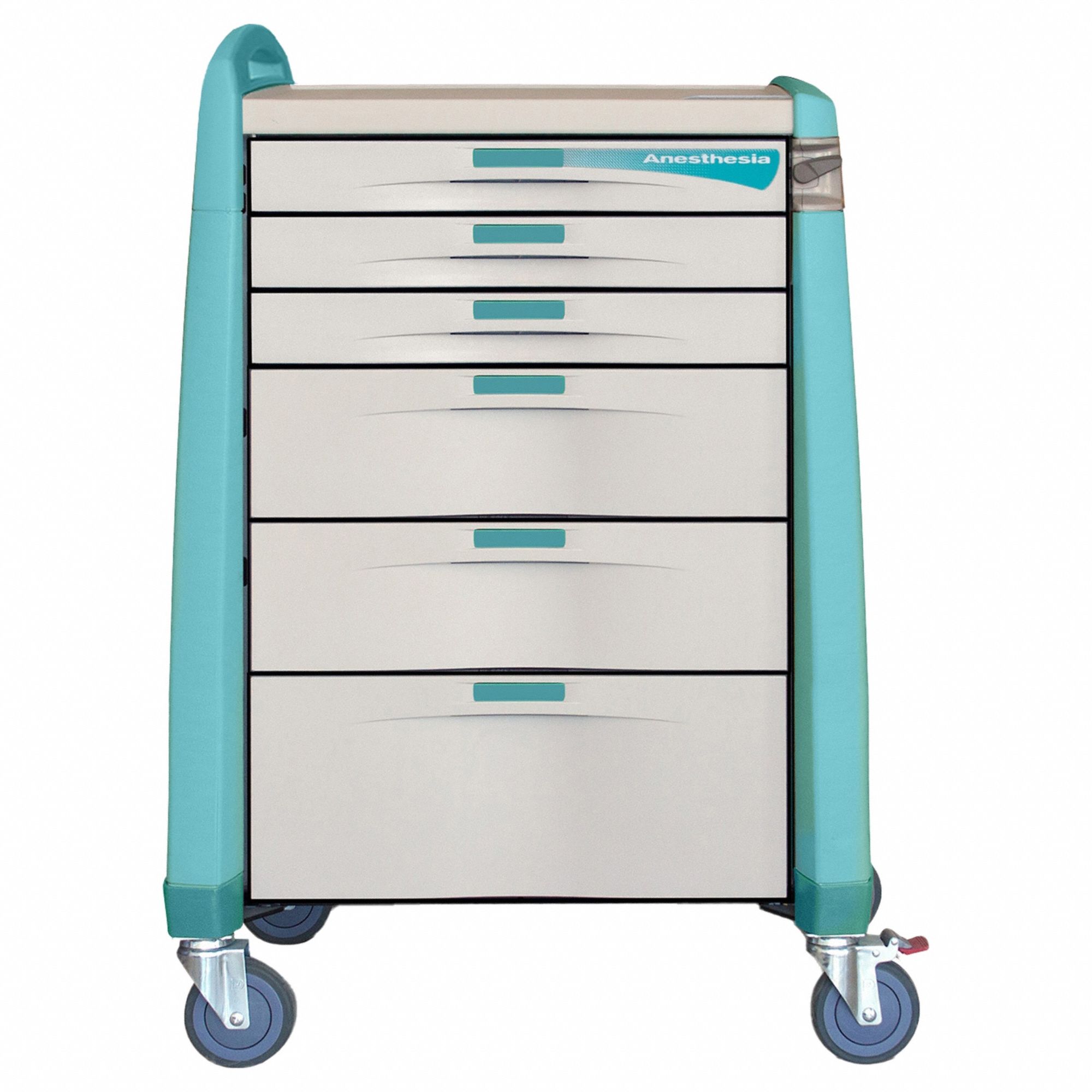 Anesthesia Cart: Polymer, (1) Swivel with Brake/(3) Swivel, Green, 6 Drawers