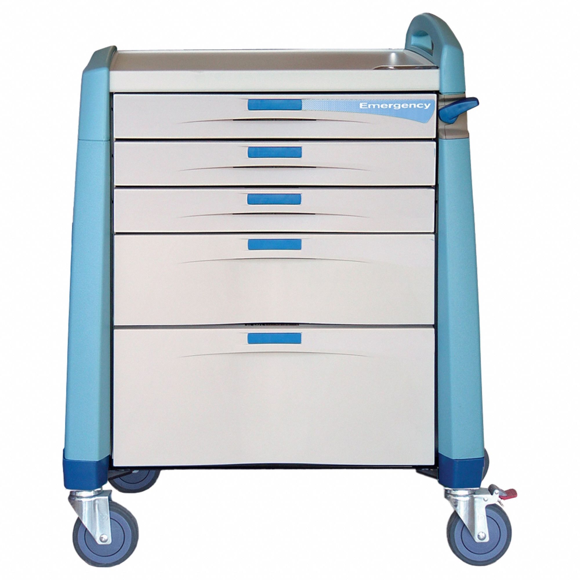 Emergency Cart: Polymer, (1) Swivel with Brake/(3) Swivel, Blue, 5 Drawers