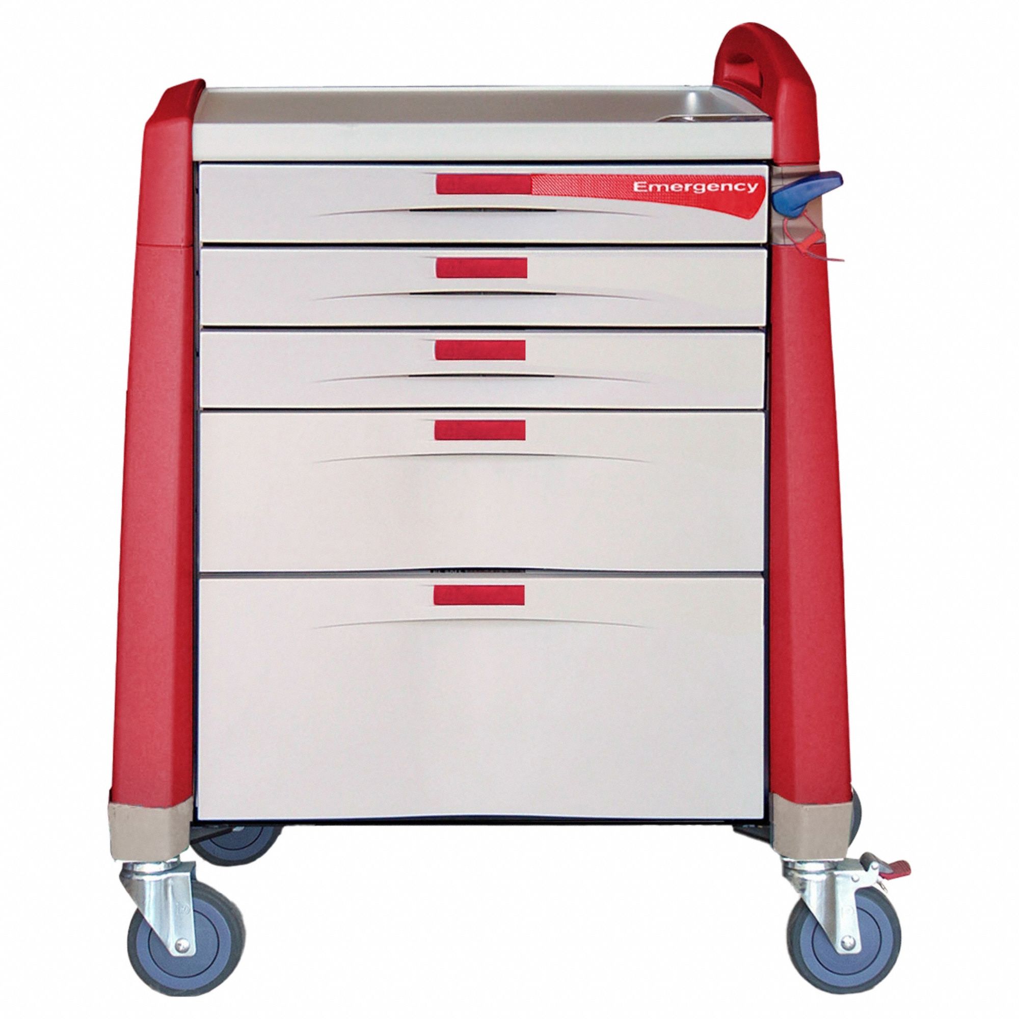 Emergency Cart: Polymer, (1) Swivel with Brake/(3) Swivel, Red, 5 Drawers