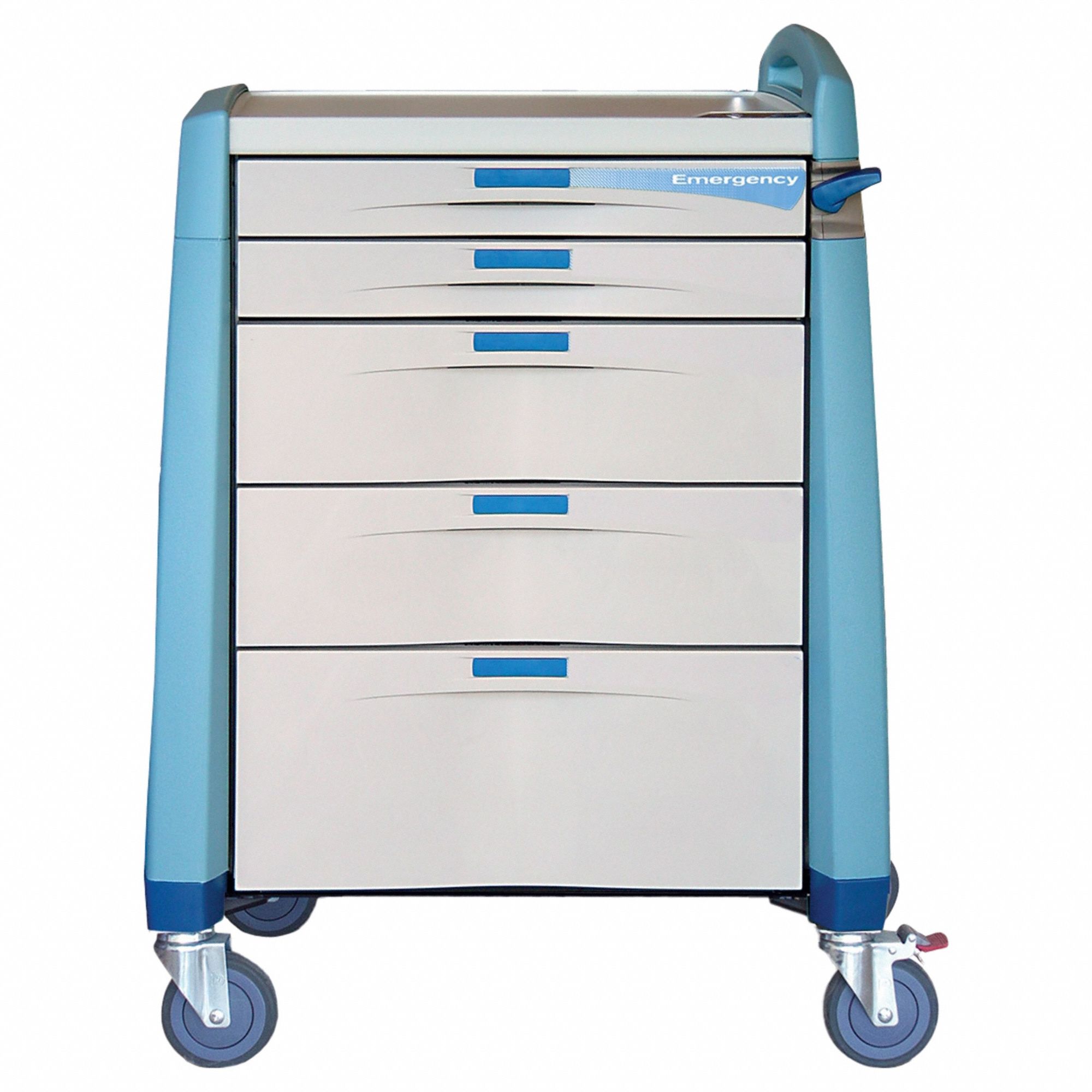 Emergency Cart: Polymer, (1) Swivel with Brake/(3) Swivel, Blue, 5 Drawers