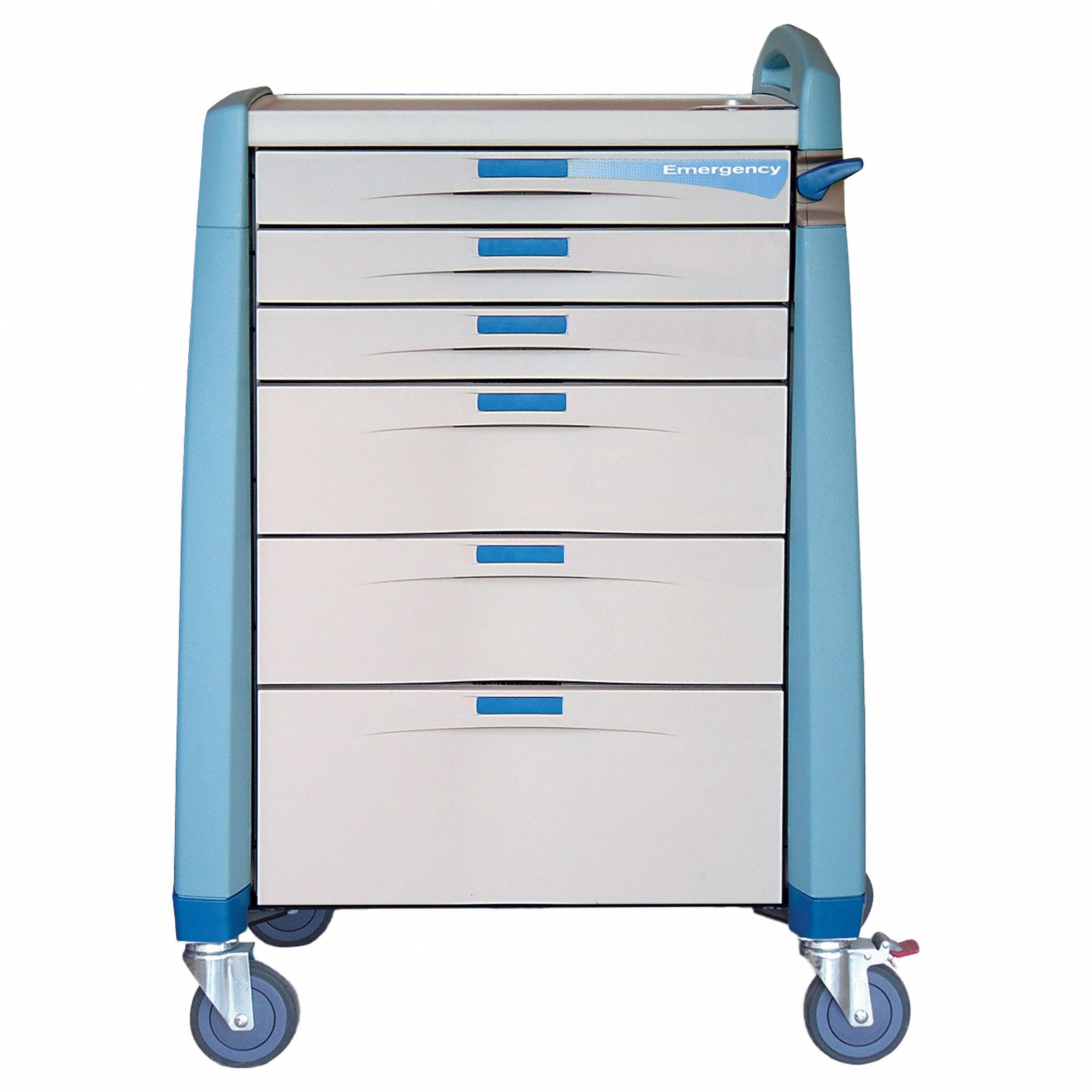 Emergency Cart: Polymer, (1) Swivel with Brake/(3) Swivel, Blue, 6 Drawers