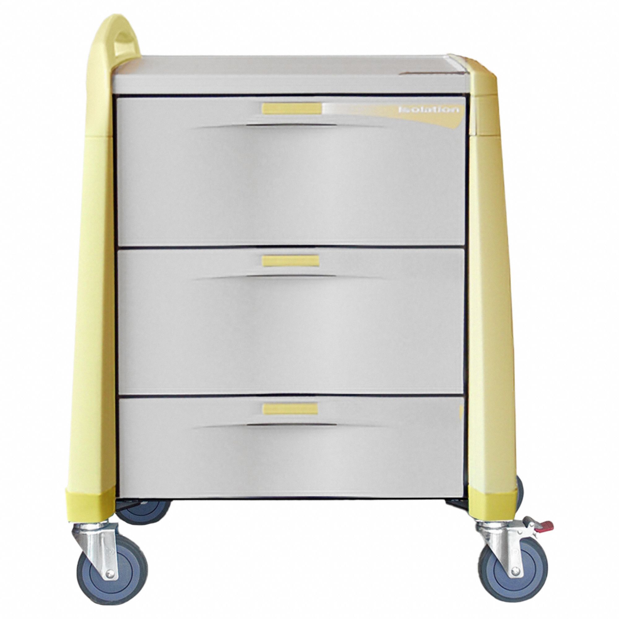 Isolation Cart: Polymer, (1) Swivel with Brake/(3) Swivel, Yellow, 3 Drawers