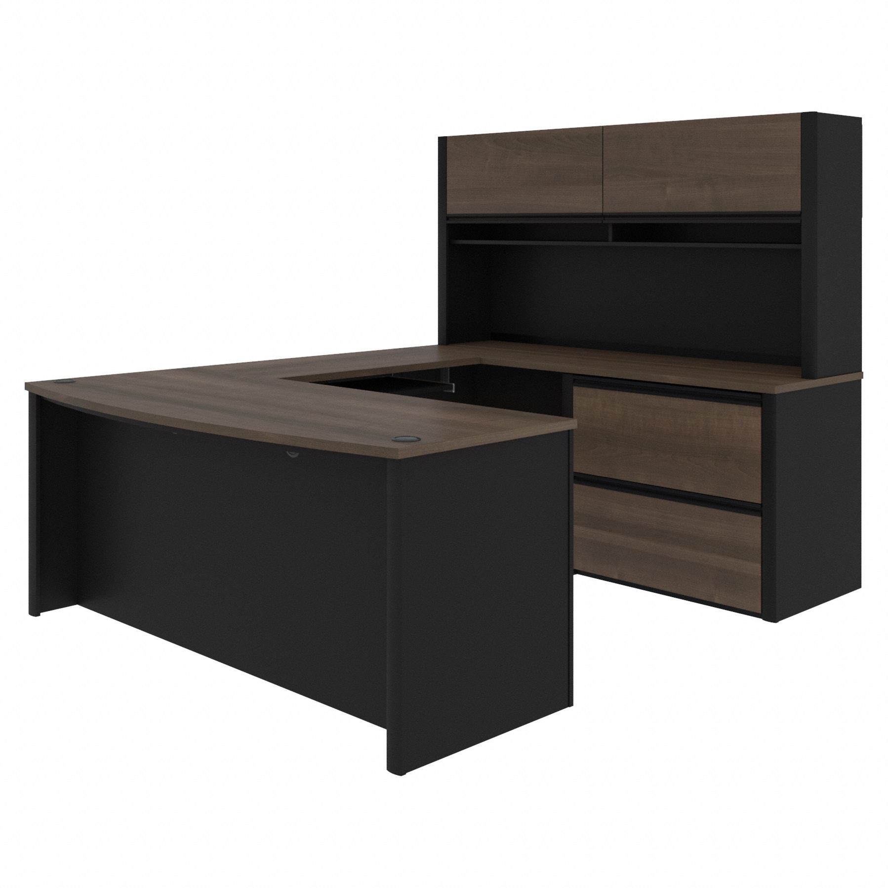 U-Shaped Office Desk: Antigua/Black, 71 1/8 in Overall Wd, 92 5/8 in Overall Dp