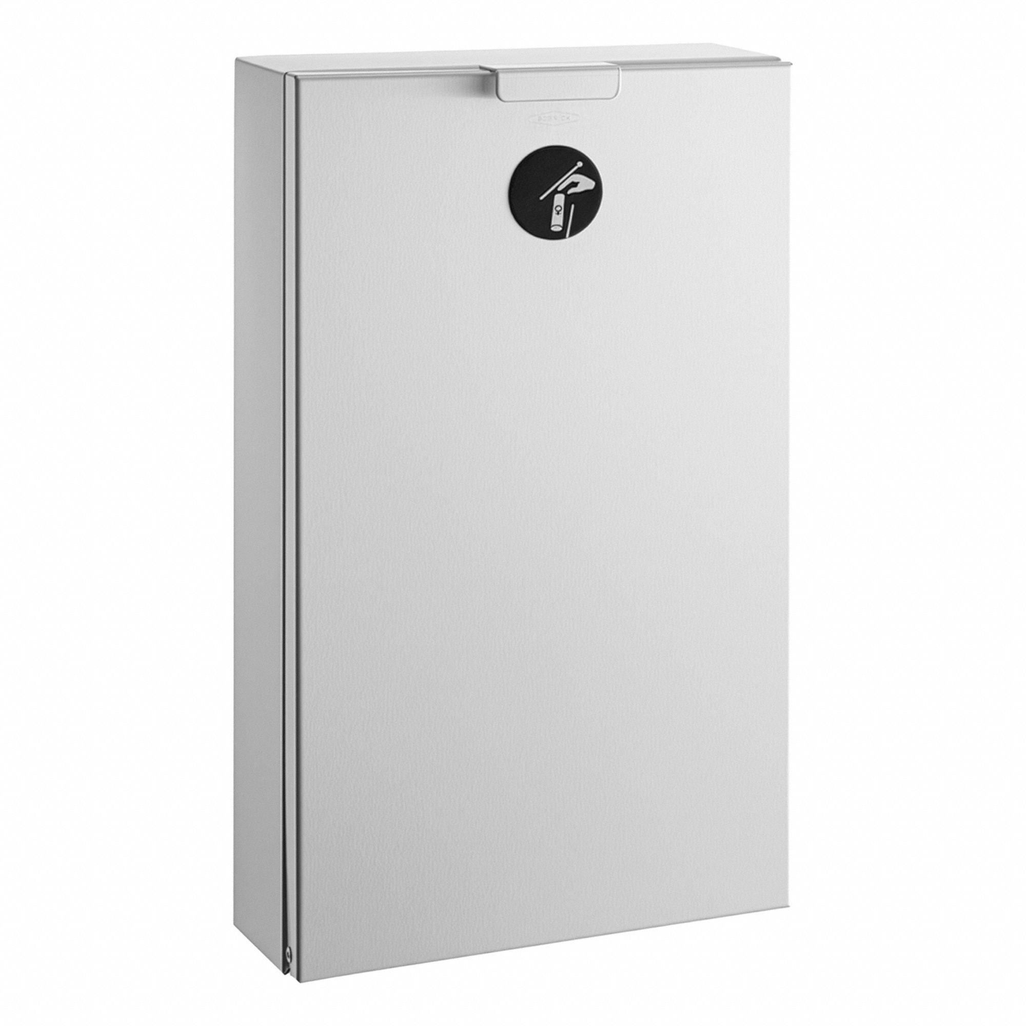 Sanitary Napkin Receptacle: Wall-Mounted, Stainless Steel, 8 1/8 in x 4 1/2 in x 14 1/8 in
