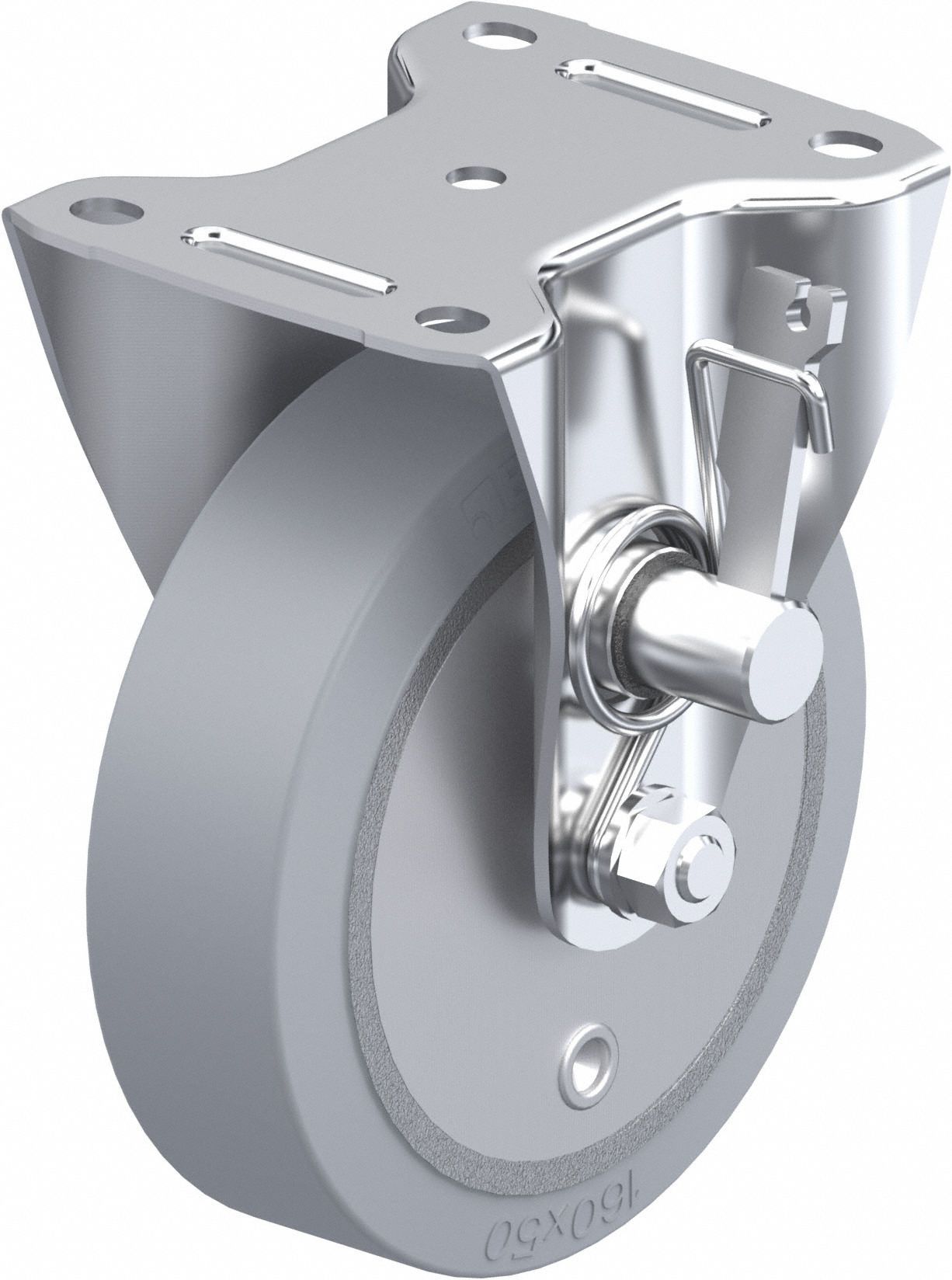 Plate Caster: Rigid, Safety Brake, Rubber, 6 5/16 in Wheel Dia, 2 in Wheel Wd, Slot