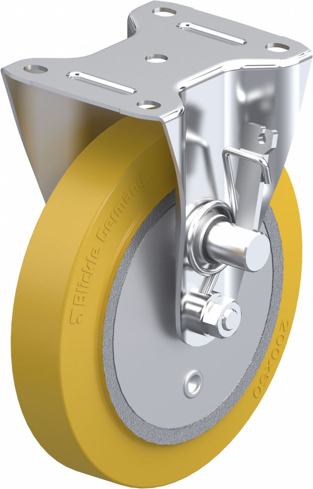 Plate Caster: Rigid, Safety Brake, Polyurethane, 8 in Wheel Dia, 2 in Wheel Wd, Slot