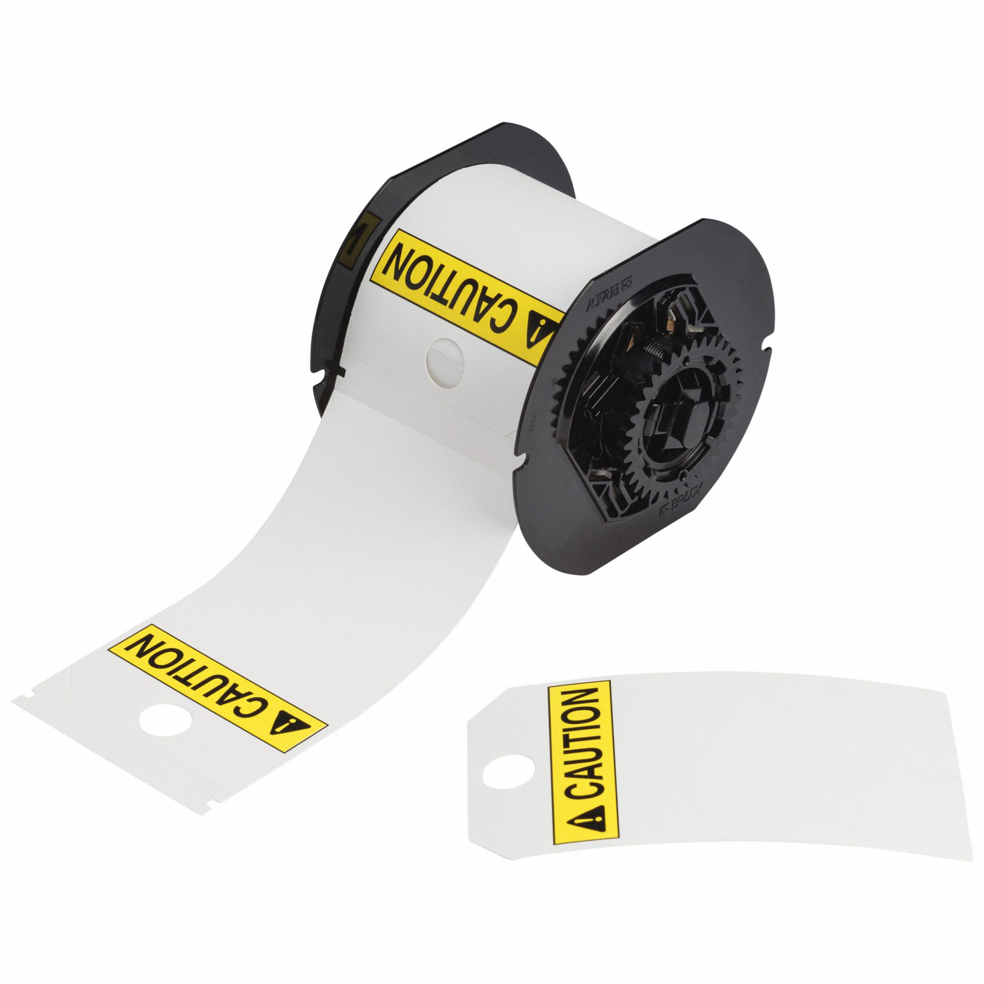 Pre-Cut Label Stock Roll: Caution, 5 3/4 in x 3 1/4 in, Polyester, Black/White/Yellow, 100 Tags