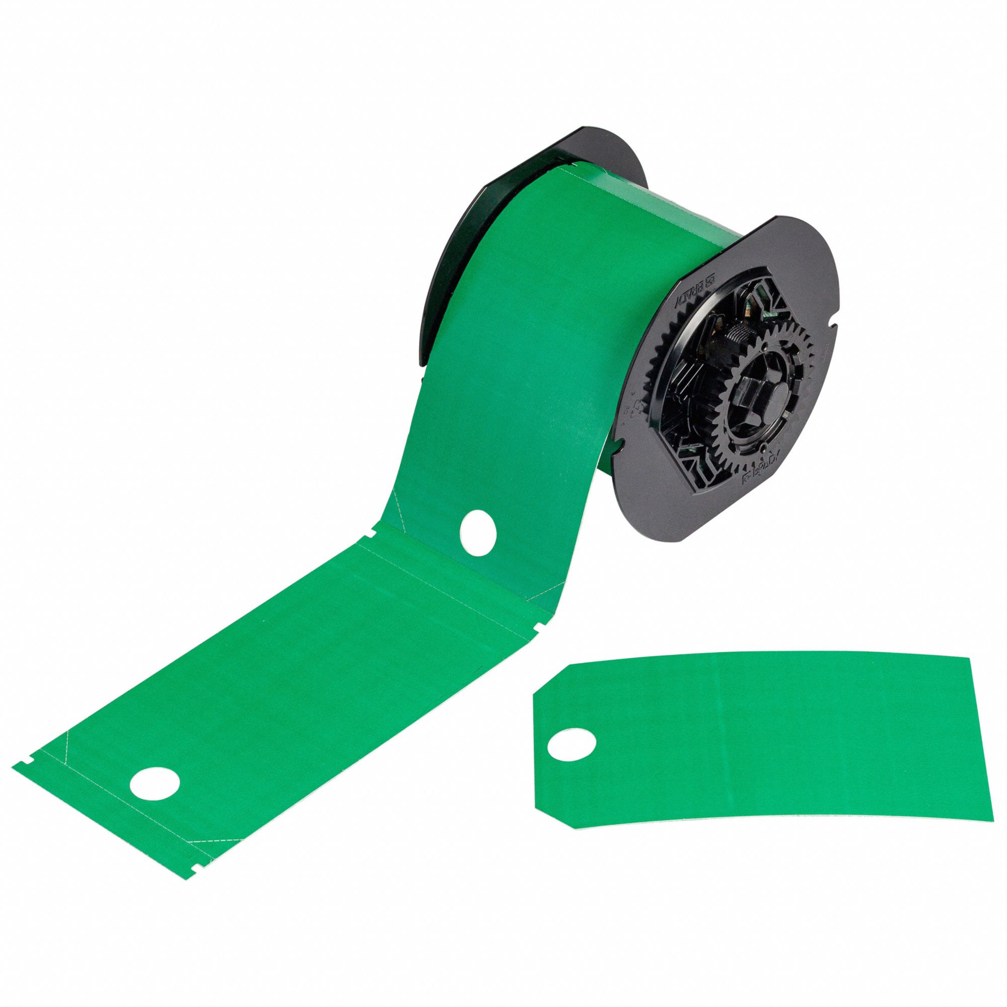 Pre-Cut Label Stock Roll: 5 3/4 in x 3 1/4 in, Polyester, Green, Indoor/Outdoor, 100 Tags per Roll