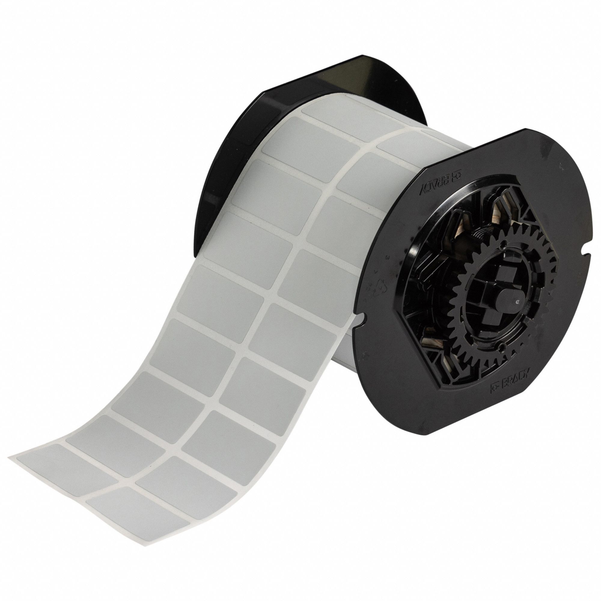 Pre-Cut Label Stock Roll: 3/4 in x 1 1/2 in, 1 1/2 in x 3/4 in, Metalized Polyester, Gray