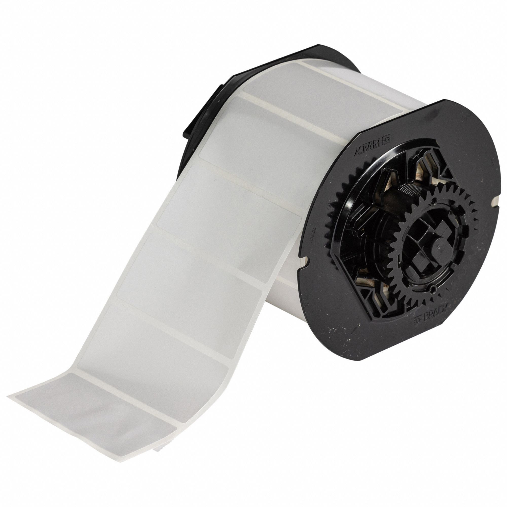 Pre-Cut Label Stock Roll: 1 1/4 in x 2 3/4 in, 2 3/4 in x 1 1/4 in, Metalized Polyester, Silver