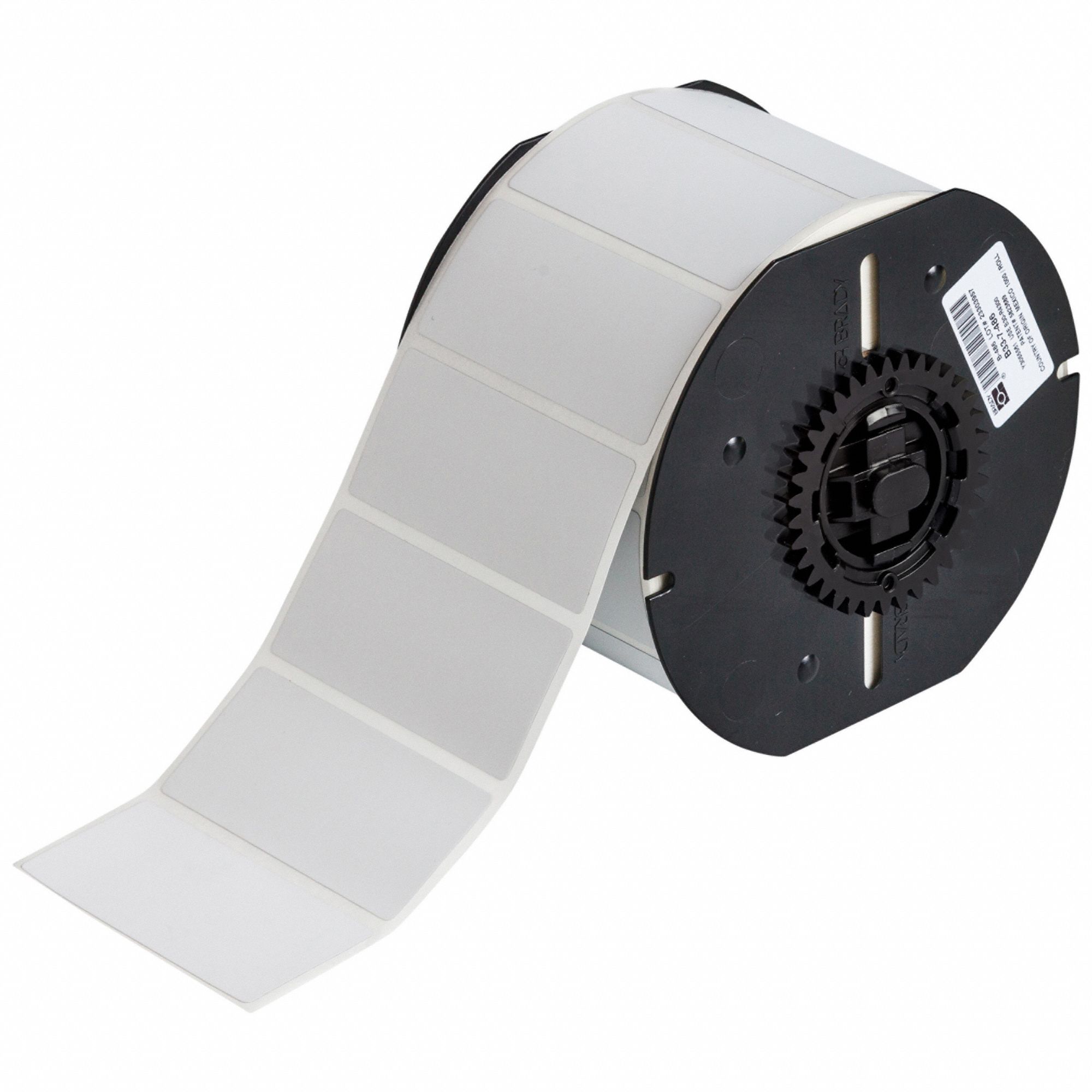 Pre-Cut Label Stock Roll: 1 1/4 in x 2 3/4 in, 2 3/4 in x 1 1/4 in, Metalized Polyester, Gray