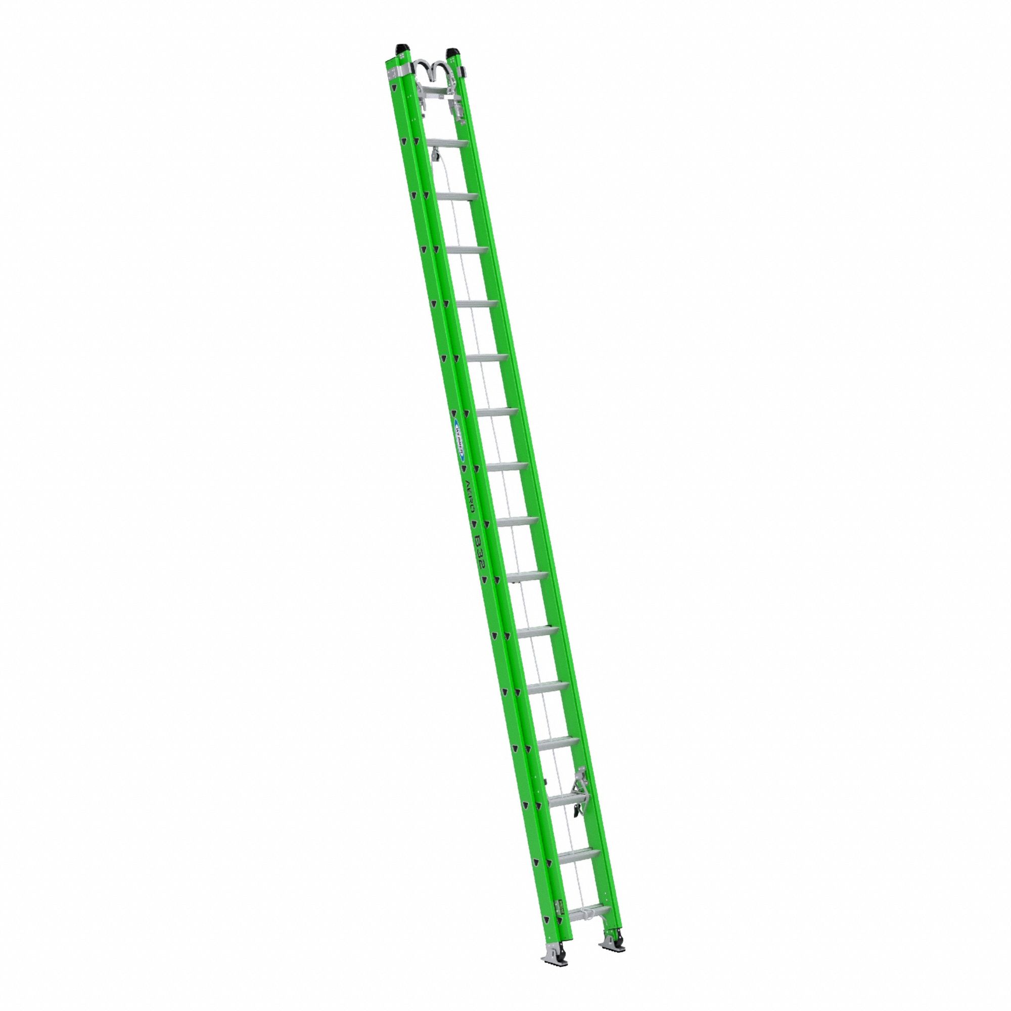 Extension Ladder: 32 ft Ladder Size, Fiberglass, 375 lb Load Capacity, 65 lb Wt, 2 Sections