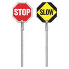 STOP/SLOW PADDLE SIGN, DOUBLE-SIDED, INC HANDLE, BLACK/YELLOW/RED/WHITE, 18 IN W X 18 IN H, AL