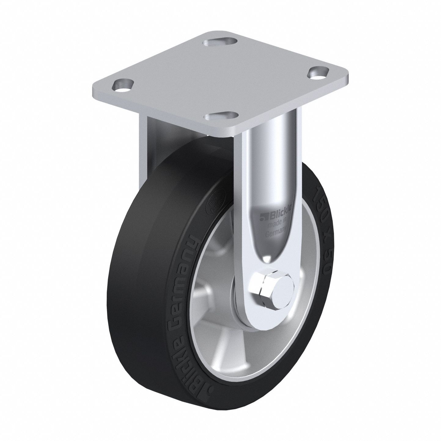 Plate Caster: Rigid, No Brake, Rubber, 102 mm Wheel Dia, 51 mm Wheel Wd, 191 mm Mounting Ht