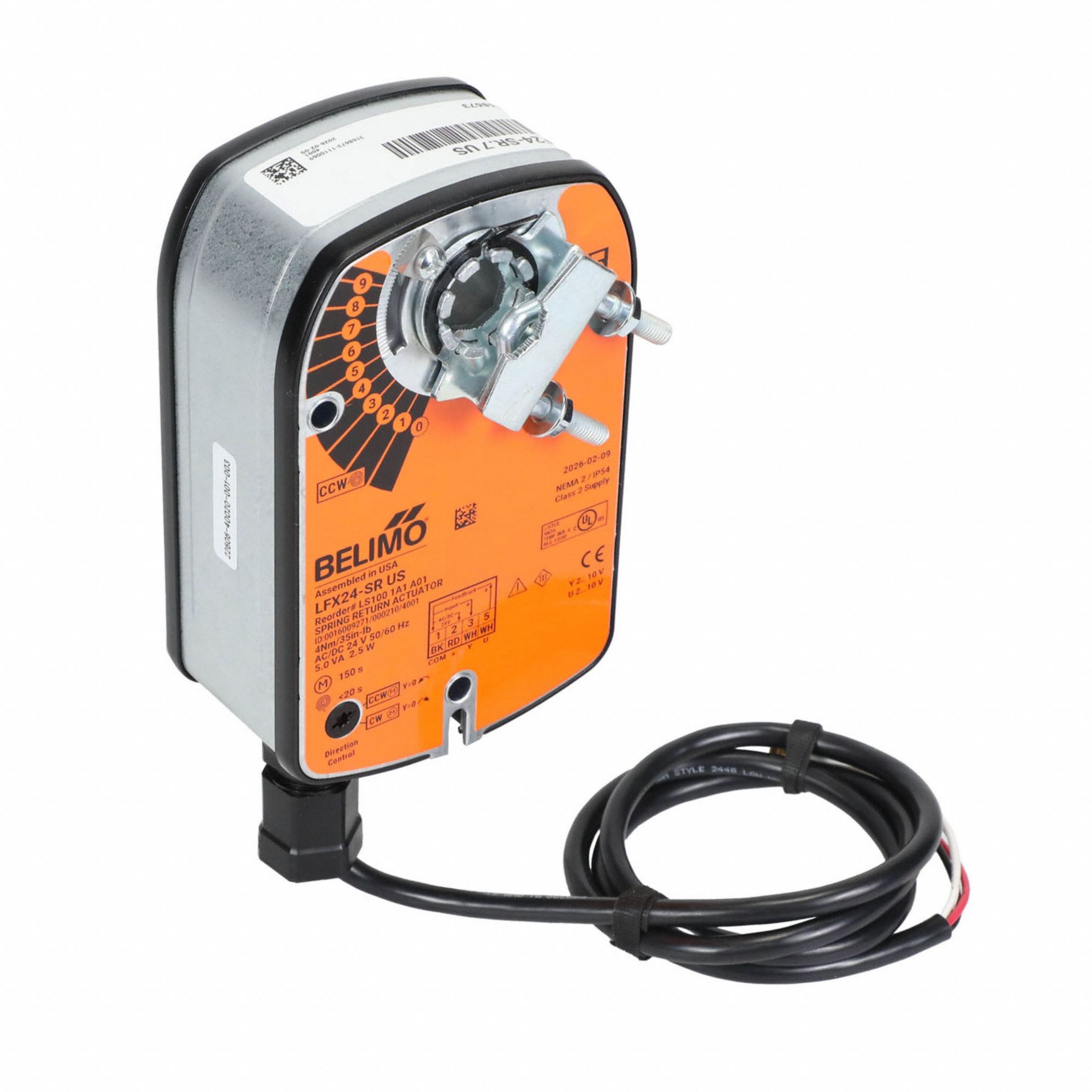 Actuator: Dampers, Floating Point, Spring Return, 35 in-lb, 24V AC/DC, Hardwired Plenum Rated Cables (MPN LFX24-SR). Key specifications — Manufacturer Part Number: LFX24-SR; Shaft Type: Self-Centering Clamping; Shaft Rotation: CW/CCW; Stroke Degree: 90°; Plenum Rating: Plenum Rated; Power Rating: 2W; Input Voltage: 24V AC/DC; Compatible Building Automation Protocols: MP-Bus.