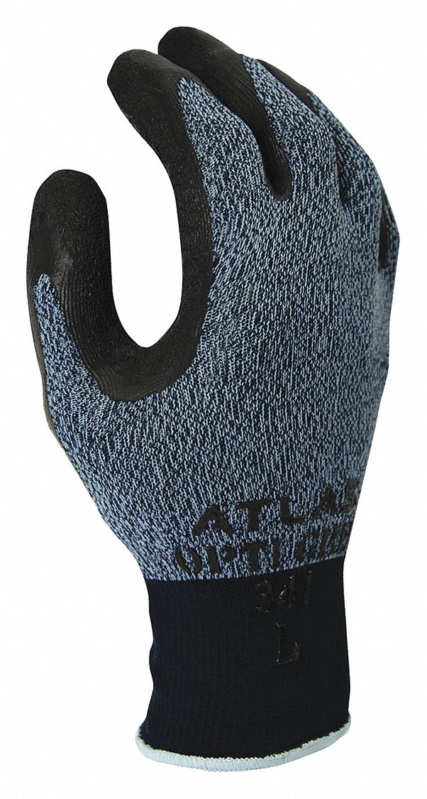 ATLAS SHOWA 341 HARD WEARING GLOVES, GRY, M/7, NYLON/POLY, ELASTIC CUFF, COATED PALM, 10 PK