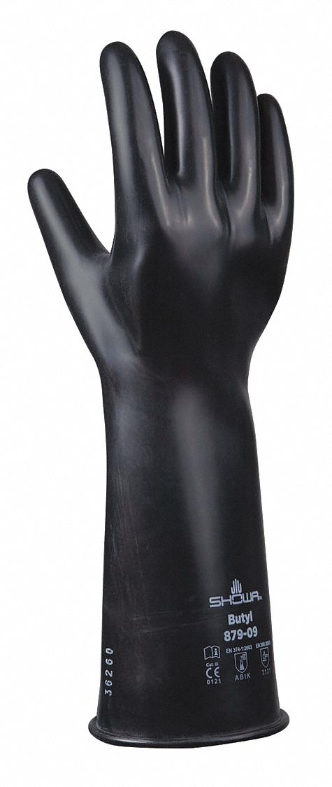 CHEMICAL-RESISTANT GLOVES, UNLINED, ROUGH GRIP, SZ L/9, 14 IN L/28 MIL THICK, BLK, BUTYL RUBBER