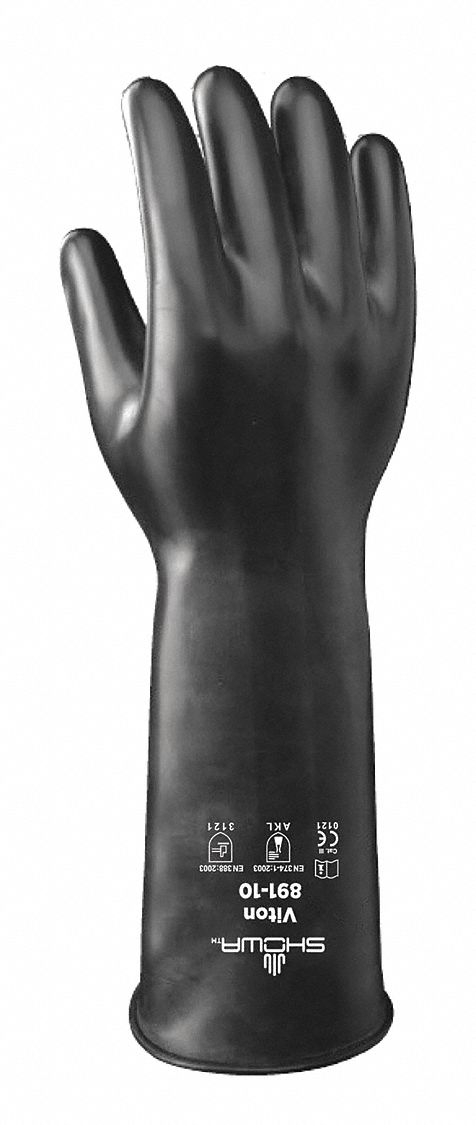 CHEMICAL-RESISTANT GLOVES, UNLINED, SMOOTH GRIP, SZ XL/10, 14 IN L/28 MIL THICK, BLK, BUTYL/VITON
