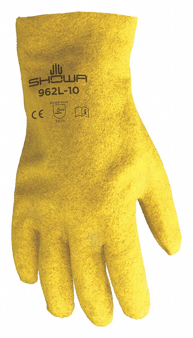 SHOWA 962 GANTS,JAUNE,G/10,COTON,TRICOT JAUNE,MANCHETTE,AJUST CONFORT,PVC,ENDUIT ENTIER