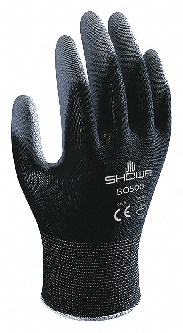 SHOWA BO500B GLOVES, BLACK/GREY, L/8, NYLON/POLYURETHANE, ELASTIC CUFF, 13 GA