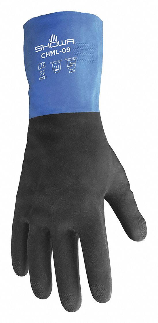 SHOWA CHM CHEMICAL-RESISTANT GLOVES, BLK, BL, 9, NEOPRENE, RUBBER, 26 MIL, STRAIGHT CUFF