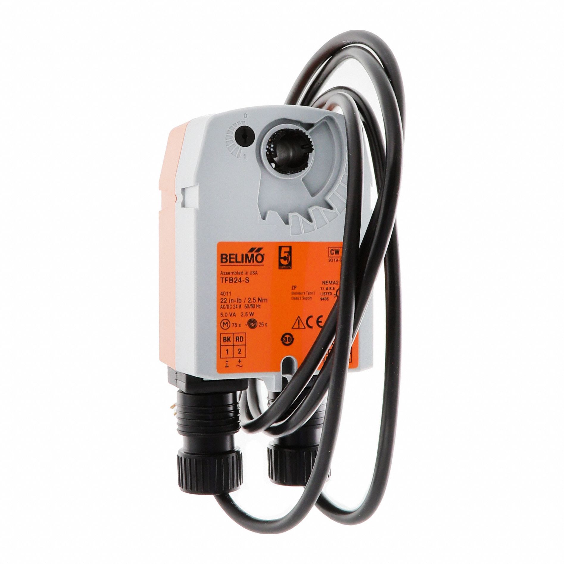 Damper Actuator: Dampers, On/Off, Spring Return, 22 in-lb, 24V AC/DC, Hardwired Plenum Rated Cables