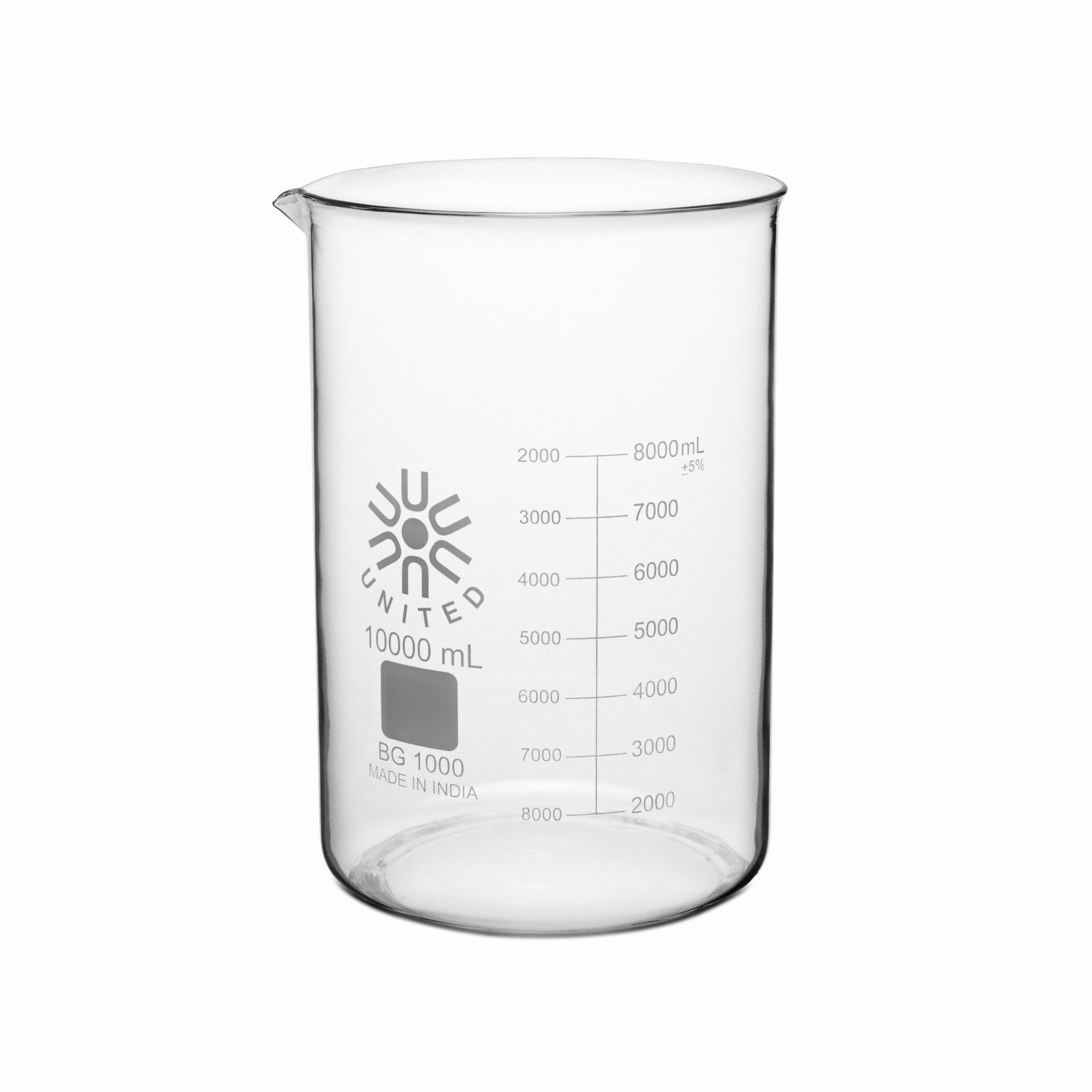 Beaker: Borosilicate Glass, Low Form, 10 L Capacity - mL, 33.81 fl oz Capacity - oz, A, Autoclavable