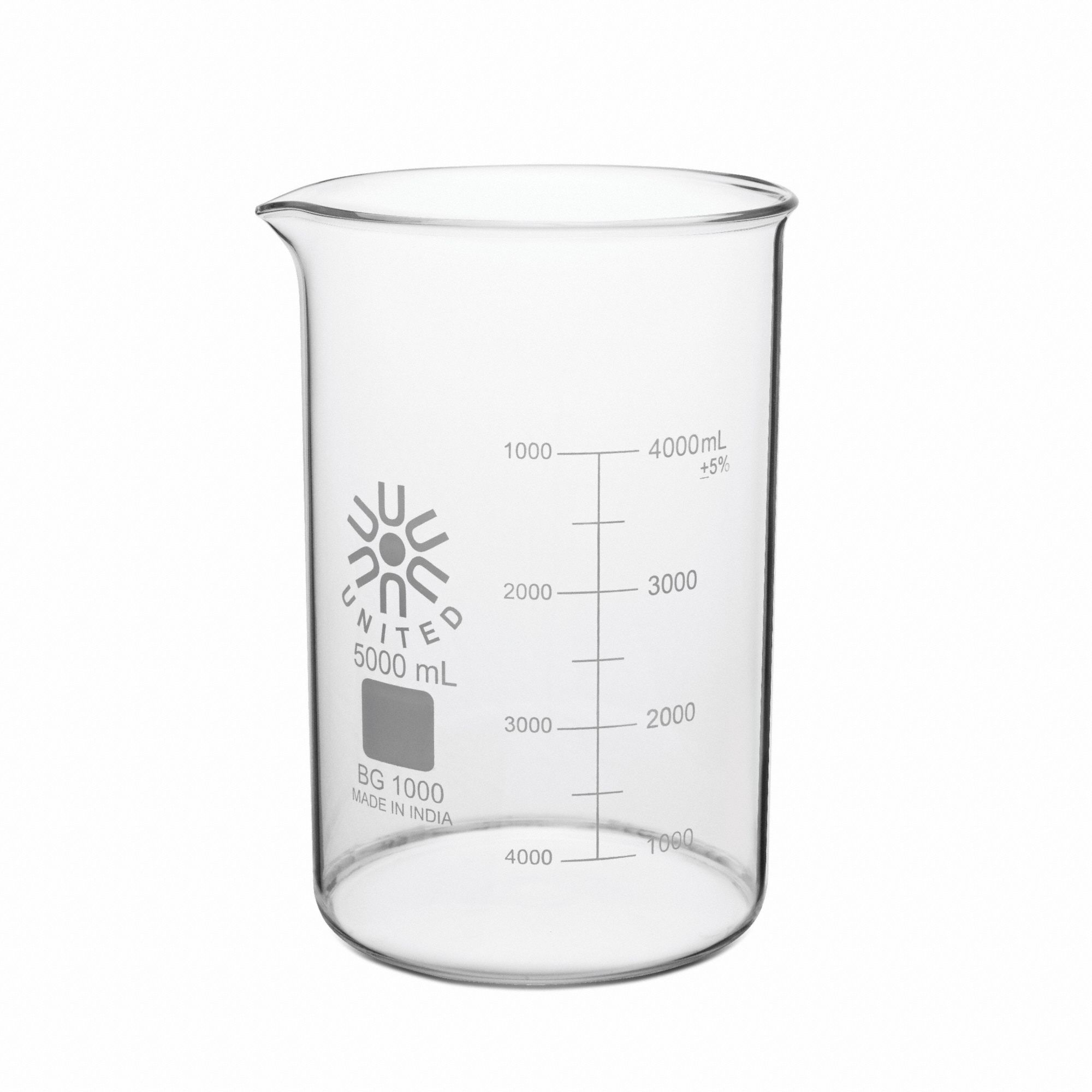 Beaker: Borosilicate Glass, Low Form, 5 L Capacity - mL, 1.32 gal Capacity - oz, A, Autoclavable