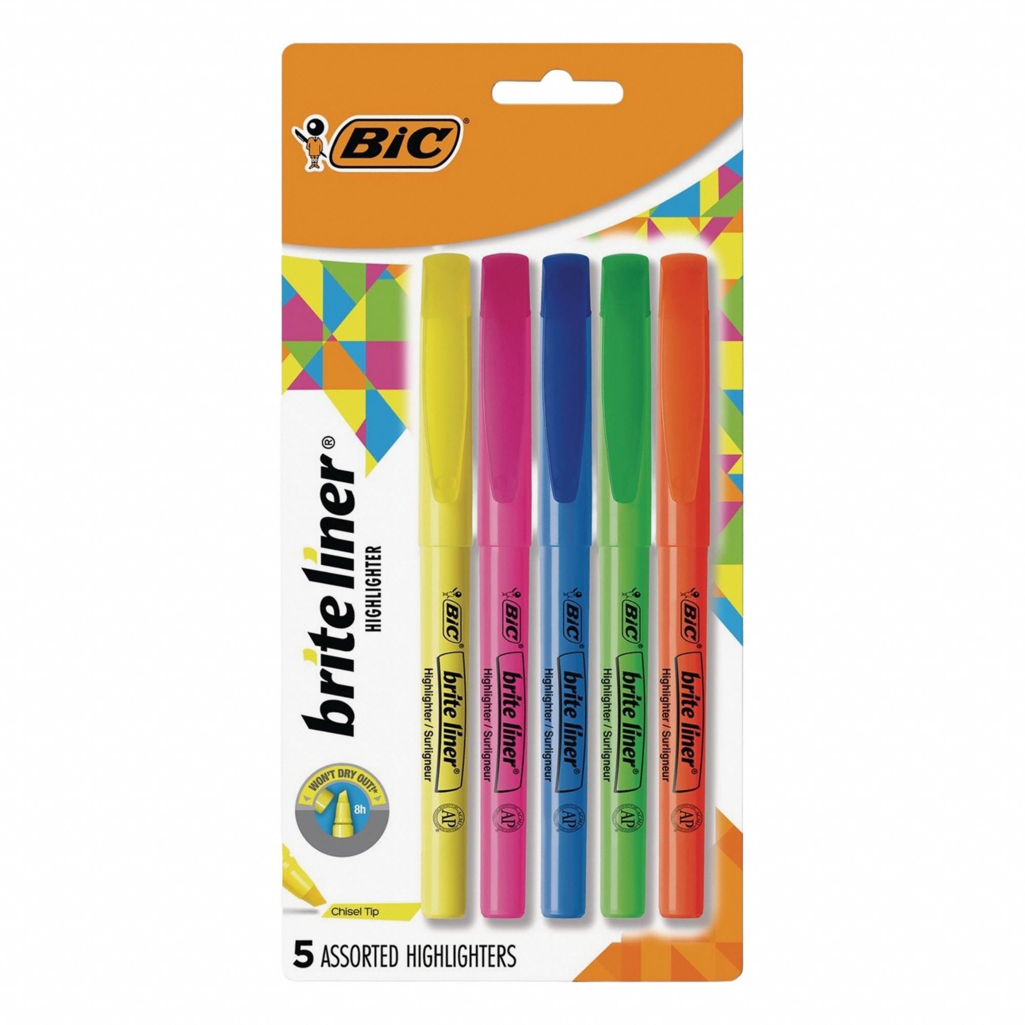Highlighter Set: Blue/Green/Orange/Pink/Yellow, Assorted, Chisel, Capped, Pen Style, Std, 5 PK