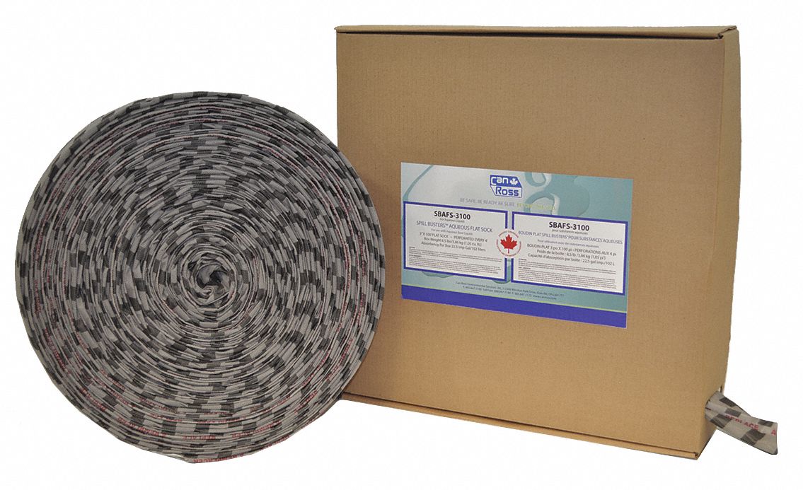 CHAUSSETTE PLATE,AQUEUX,ABSORBE 102 LITRES,GRIS/NOIR,3 PO X 100 PI,POLYPROPYLÈNE/CELLULOSE