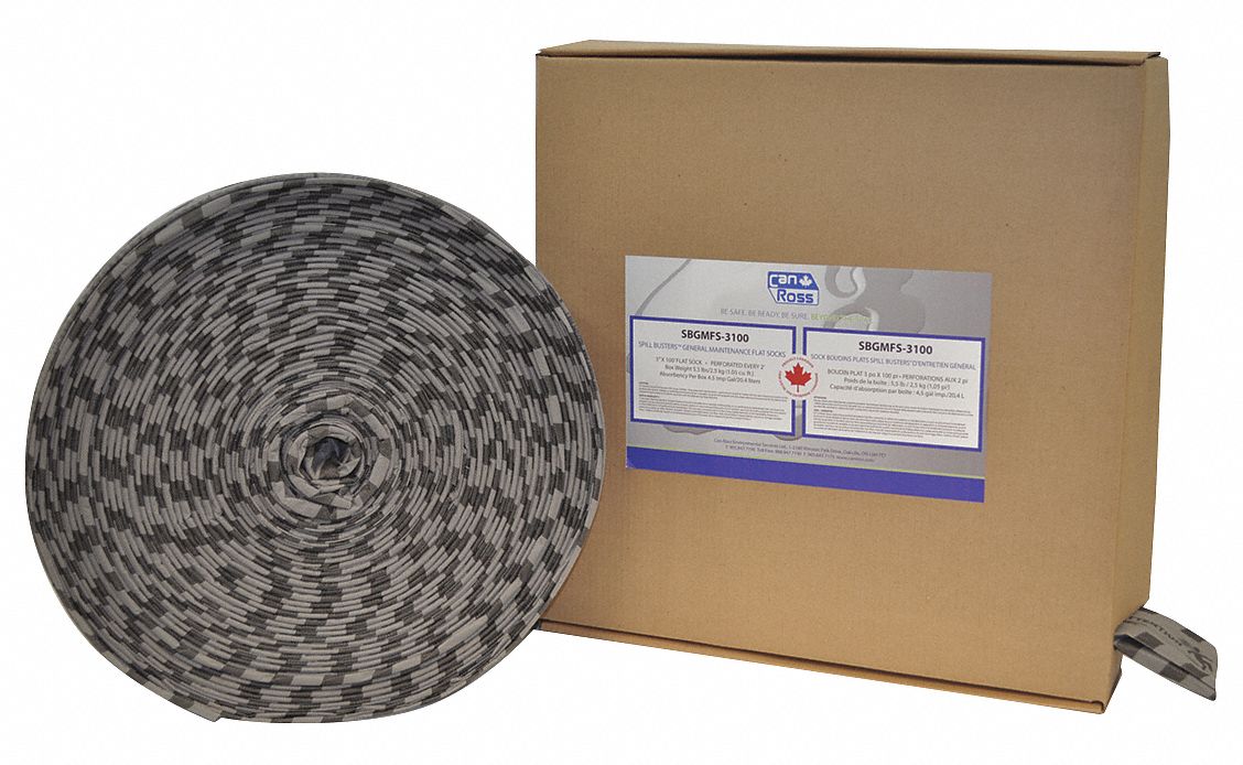CHAUSSETTE PLATE ABSORBANTE,USAGE GÉNÉRAL,ABSORBE 20.4 LITRES,GRIS/NOIR,3 PO X 100 PI,POLYPROPYLÈNE