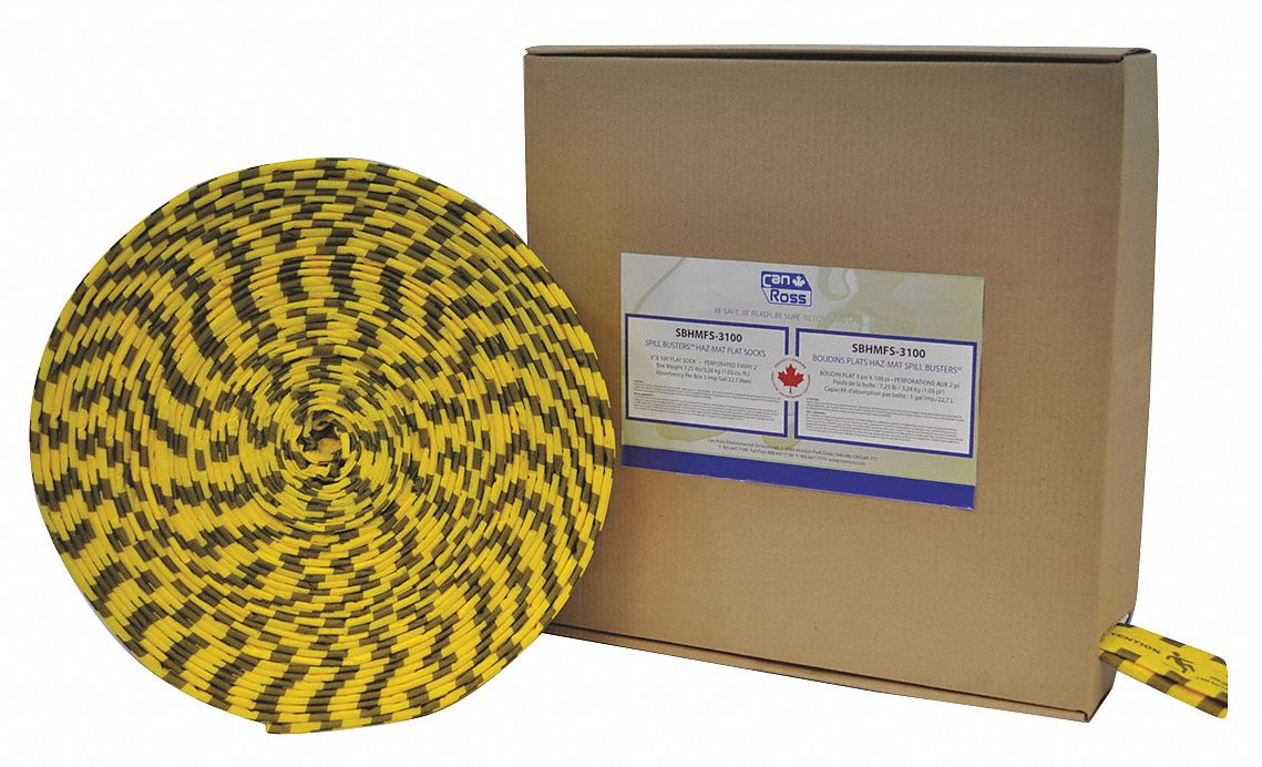 CHAUSSETTE PLATE ABSORBANTE,HAZMAT,ABSORBE 22.7 LITRES,JAUNE/NOIR,3 PO X 100 PI,POLYPROPYLÈNE