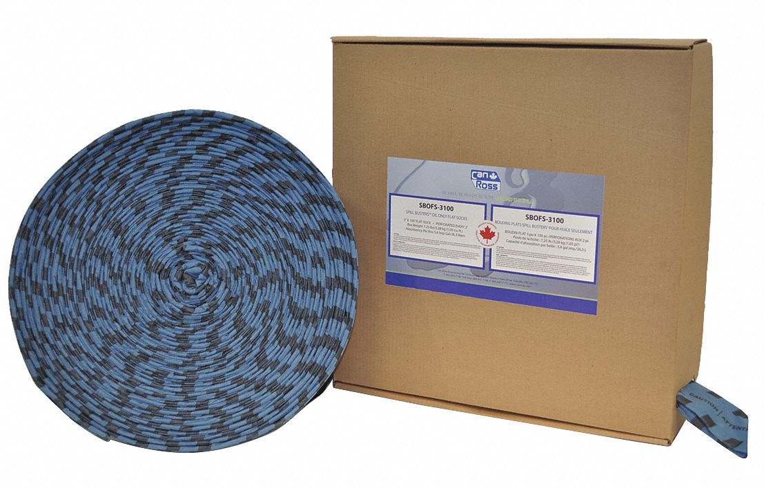 CHAUSSETTE PLATE ABSORBANTE,HUILE SEULEMENT,ABSORBE 26.3 LITRE,BLEU/NOIR,3PO X 100 PI,POLYPROPYLÈNE