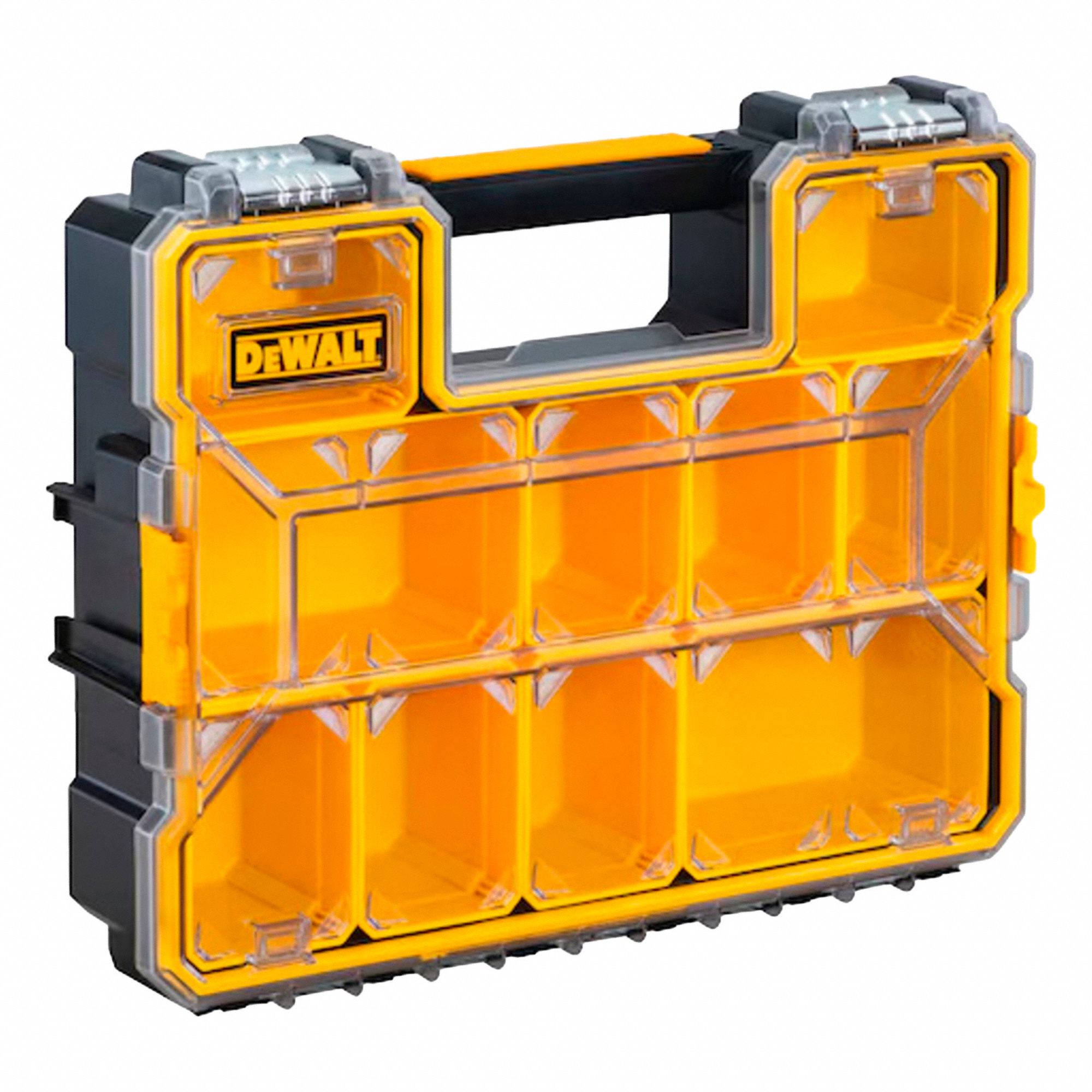 RANGEMENT OUT,10 COMPARTIMENTS,COUVERCLE TRANSPARENT,NR/JAUNE,17 1/2 X 14 X 4 1/2 PO,PC