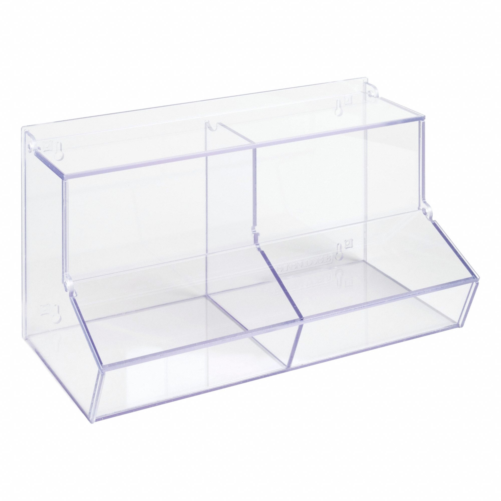 Lab Bulk Bin: 8 1/2 in Overall Wd, 9 in Overall Ht, 16 3/4 in Overall Lg, PETG, Clear, Benchtop/Wall (MPN BLKBNLDDBL8-W). Key specifications — Material: PETG; Mounting Location: Benchtop; Color: Clear; Product Type: Bulk Bin; Total Holding Capacity: Misc Lab Supplies; Brand: POLTEX.