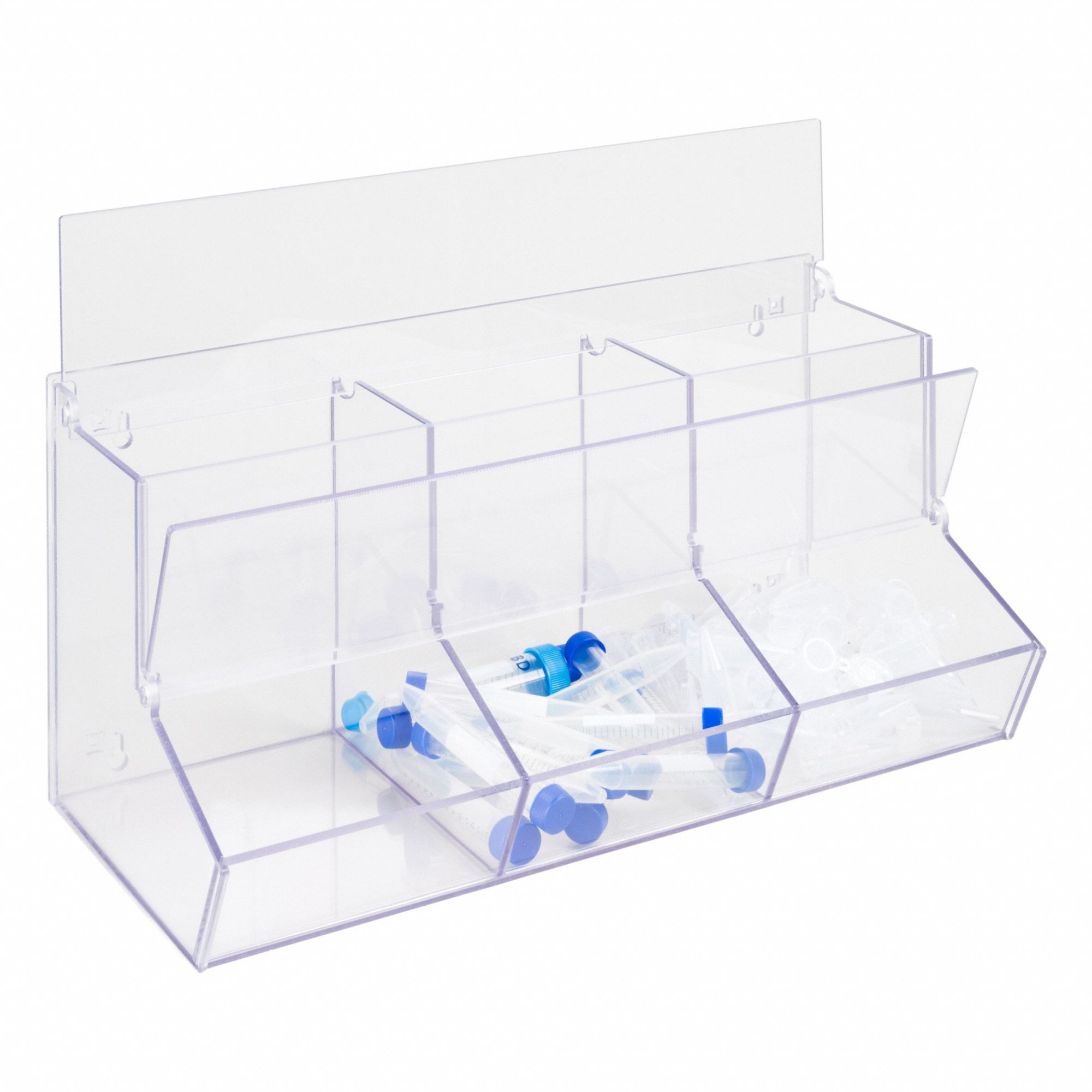 Lab Bulk Bin: 8 1/2 in Overall Wd, 9 in Overall Ht, 19 in Overall Lg, PETG, Clear, Misc Lab Supplies (MPN BLKBNLDTRI6-W). Key specifications — Material: PETG; Mounting Location: Benchtop; Color: Clear; Product Type: Bulk Bin; Total Holding Capacity: Misc Lab Supplies; Brand: POLTEX.
