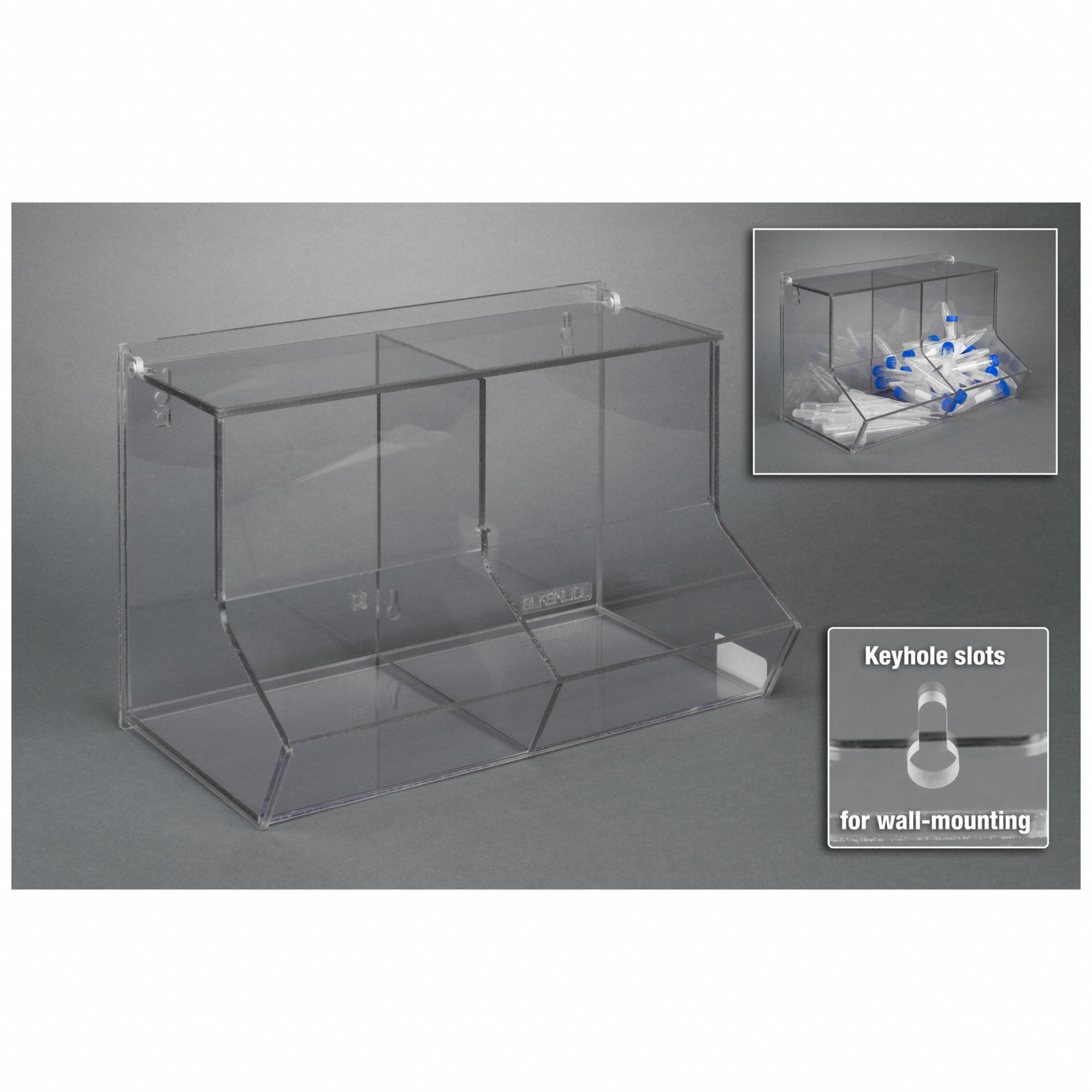 Two Compartment Bulk Bin: 14 in Overall Wd, 8 1/2 in Overall Ht, PETG, Clear, 2 Compartments, Wall
