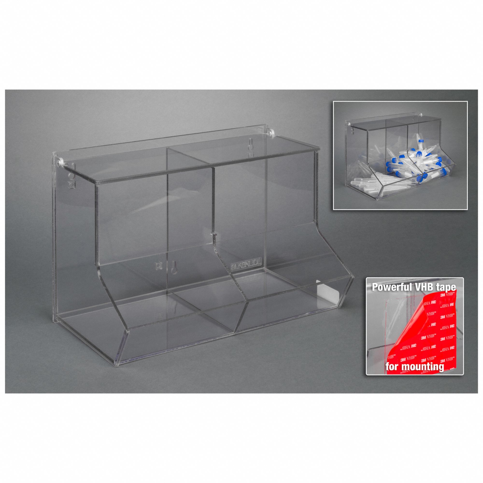 Two Compartment Bulk Bin: 14 in Overall Wd, 8 1/2 in Overall Ht, PETG, Clear, 2 Compartments, Wall