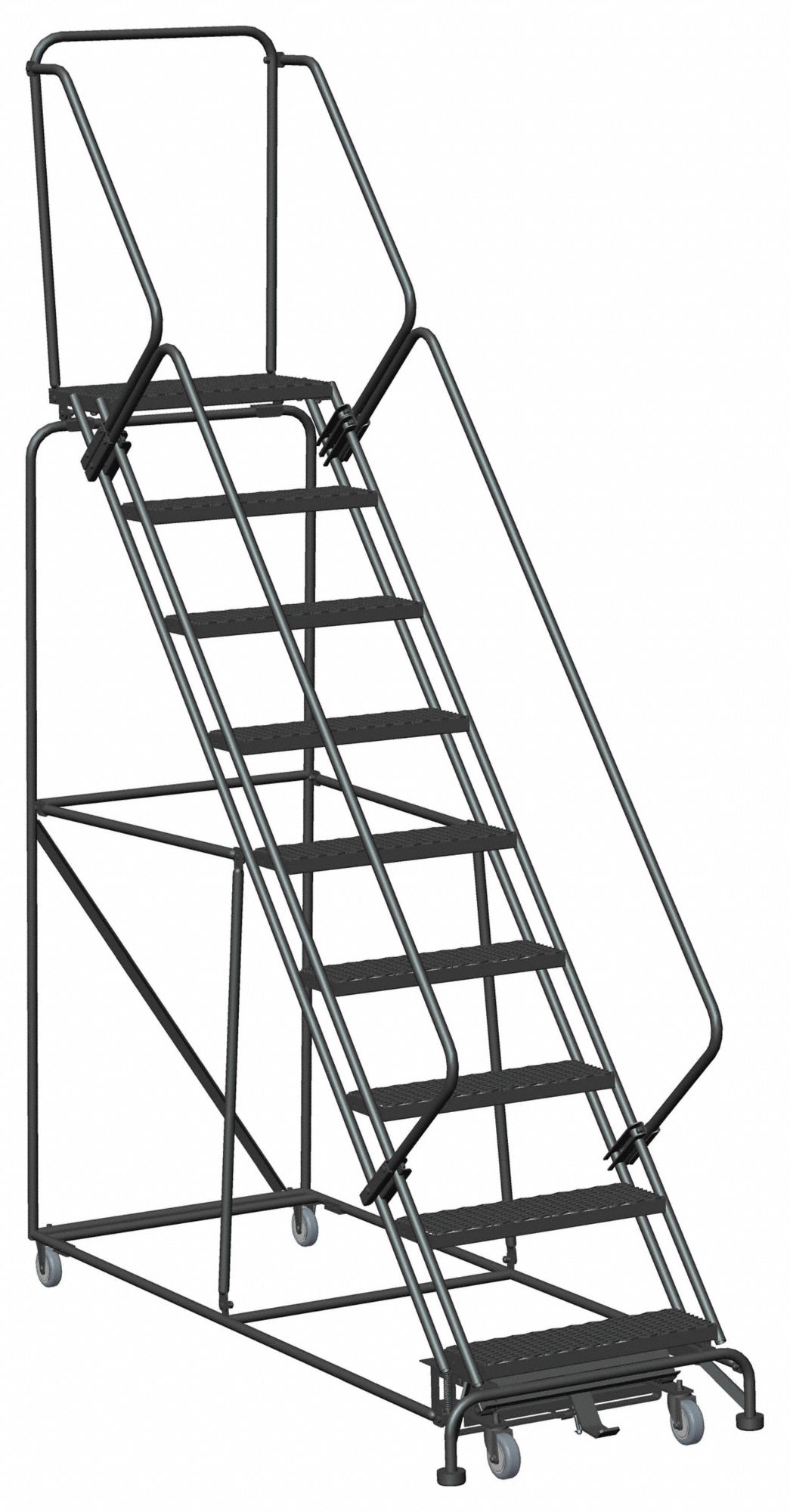 SLOPE LOCKSTEP ROLL LADDER, STEEL, 90 IN PLATFORM H, NO LOCKING MECHANISM, NO HANDRAILS, 11 FT OVERALL HEIGHT