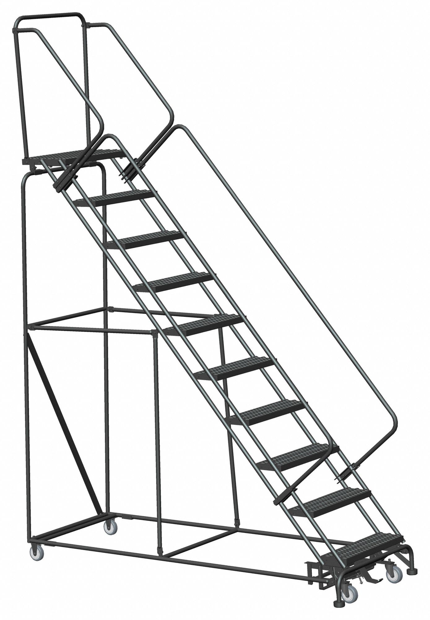 SAFETY ROLLING LADDER, STEEL, 60 IN PLATFORM H, NO LOCKING MECHANISM, NO HANDRAILS, 11.8 FT OVERALL HEIGHT