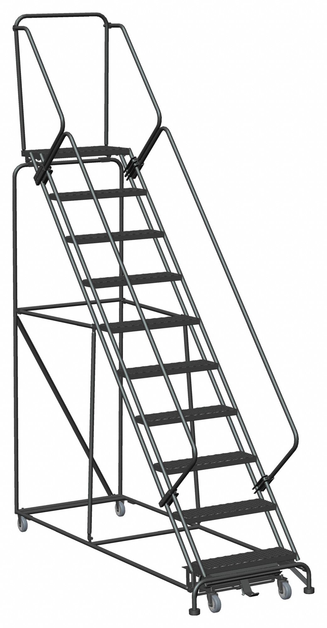SAFETY ROLLING LADDER, STEEL, 60 IN PLATFORM H, NO LOCKING MECHANISM, NO HANDRAILS, 11.8 FT OVERALL HEIGHT