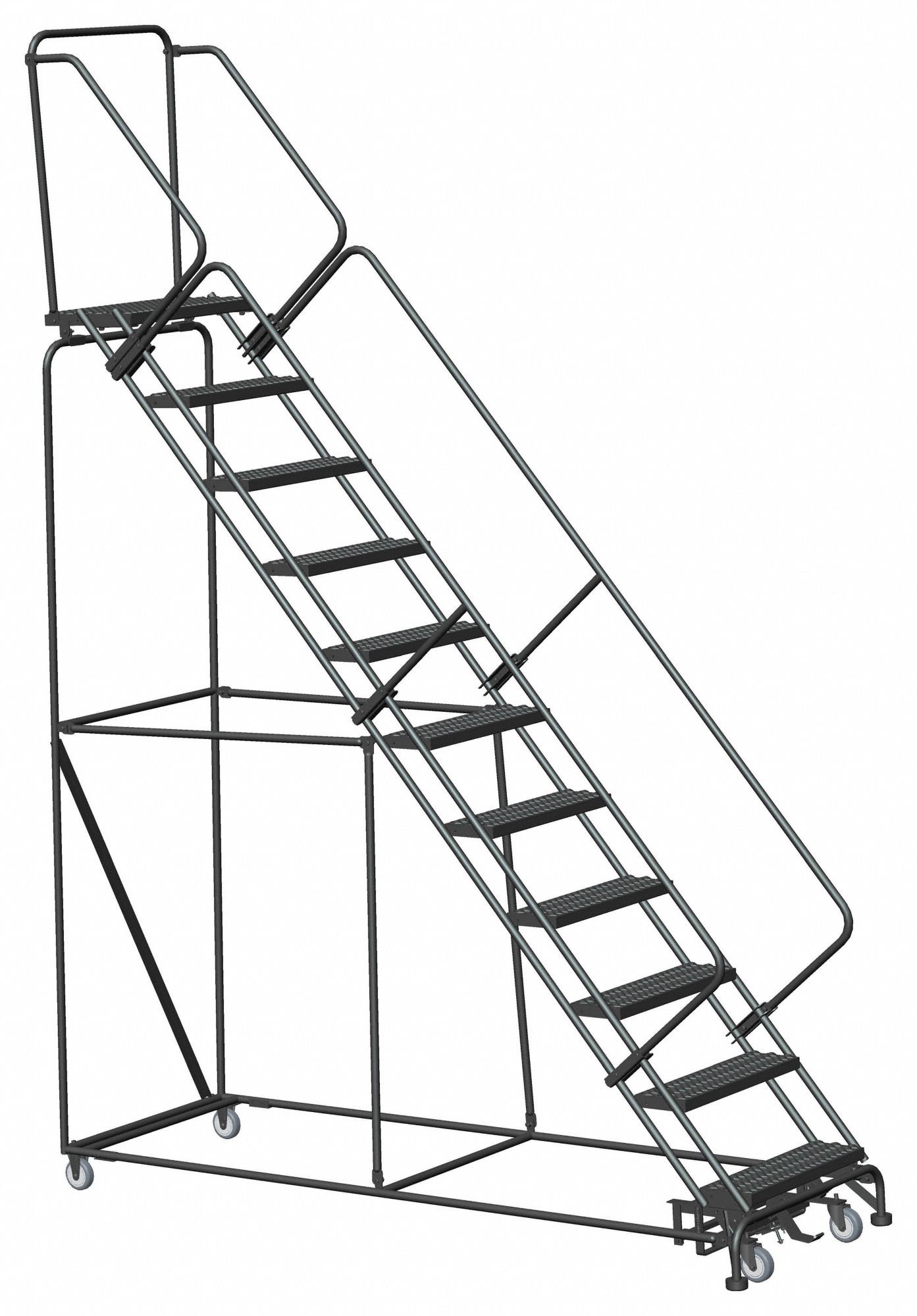 SAFETY ROLLING LADDER, STEEL, 70 IN PLATFORM H, NO LOCKING MECHANISM, NO HANDRAILS, 12.7 FT OVERALL HEIGHT